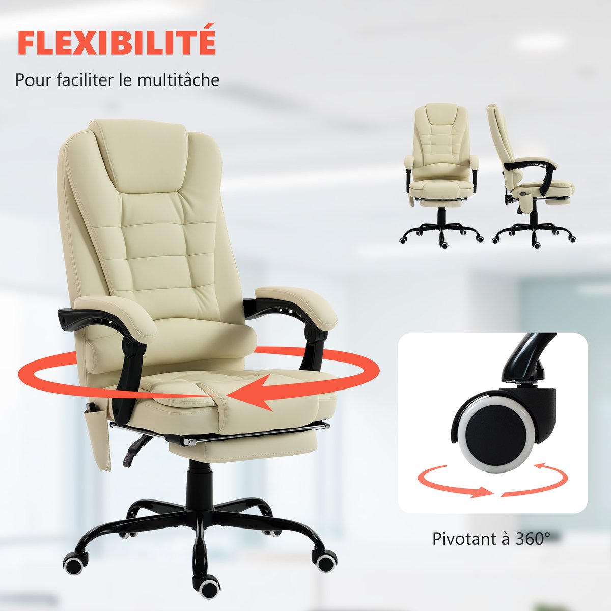 Fauteuil de bureau avec fonction massage beige, HOMCOM