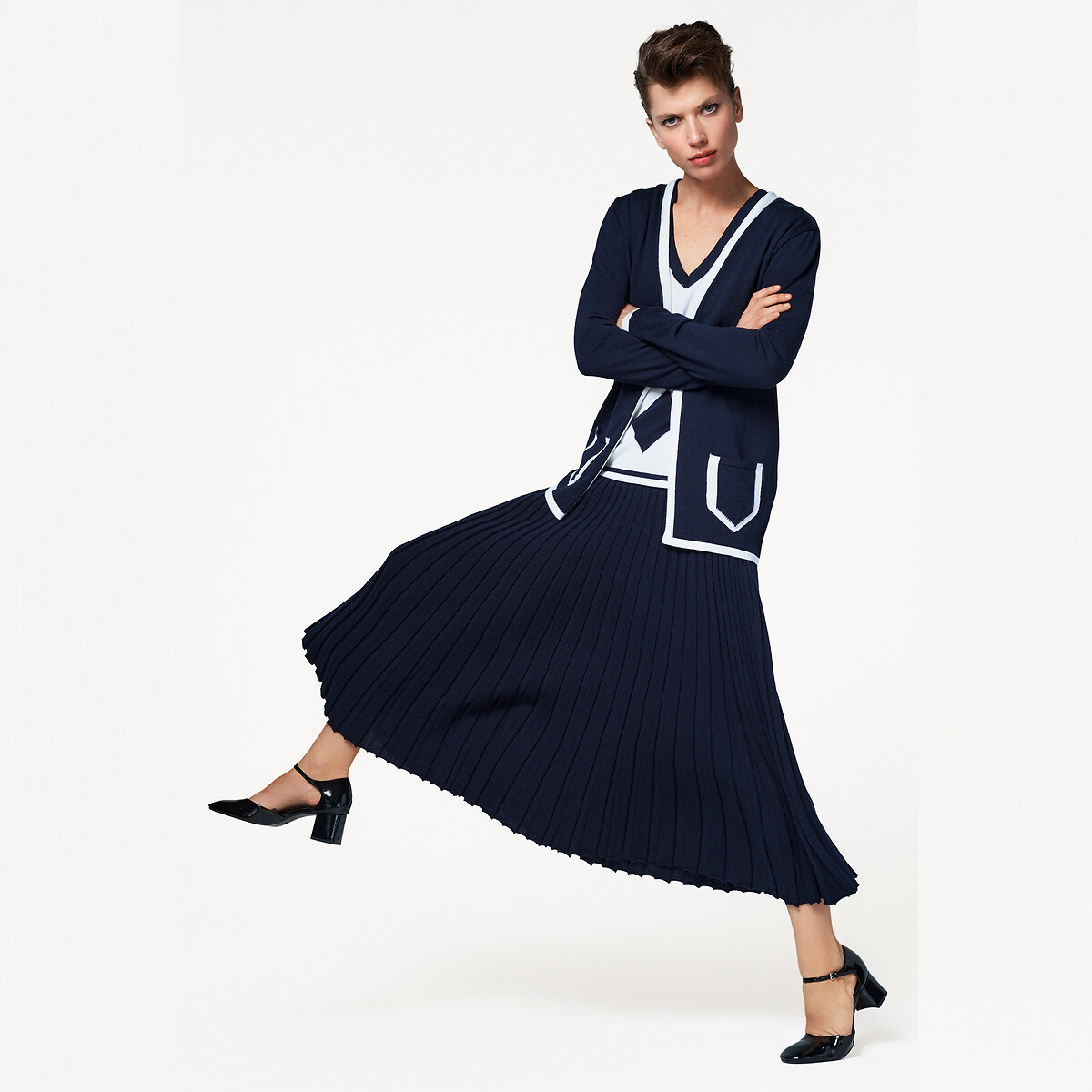 Jupe longue plissée, en laine mérinos bleu marine, BLANCHEMAILLE