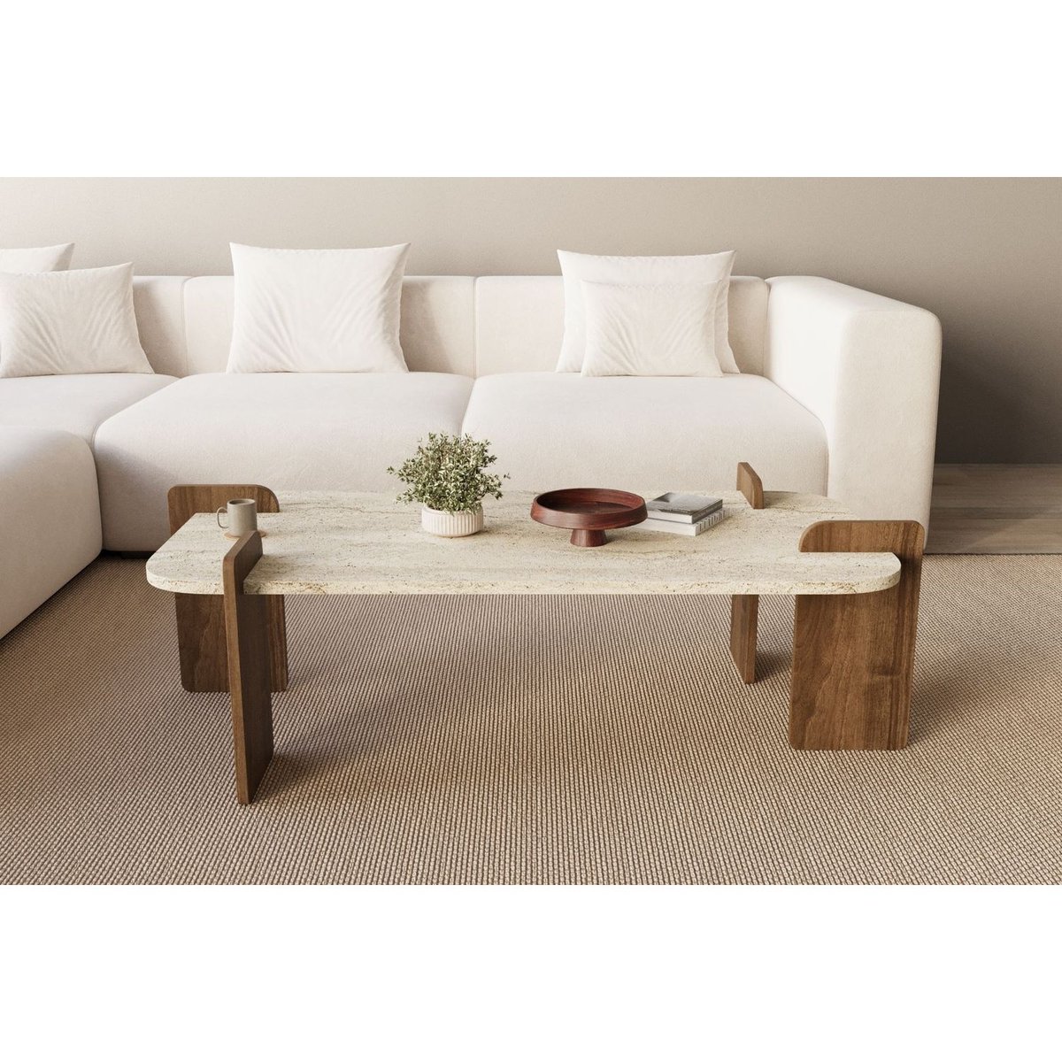 Table basse effet travertin et bois foncé ROMANE marron, TOILINUX