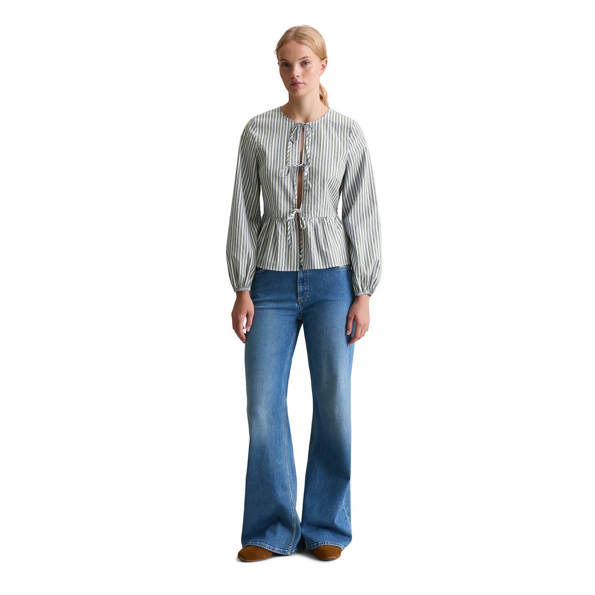 Blouse à rayures shaped en dobby de coton vert, MARC O’POLO DENIM