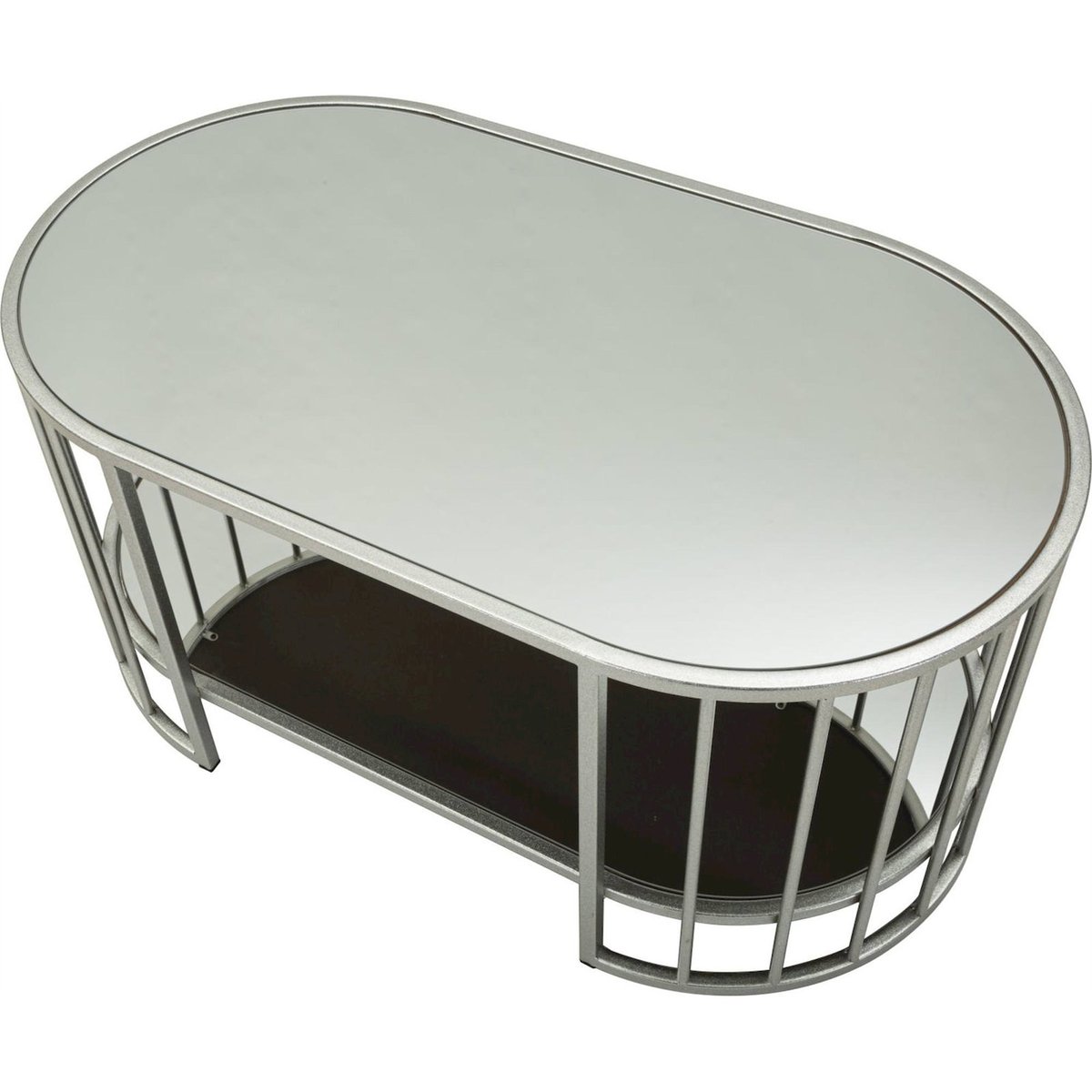 Table basse ovale en fer et miroir double plateau argent, RECOLLECTION