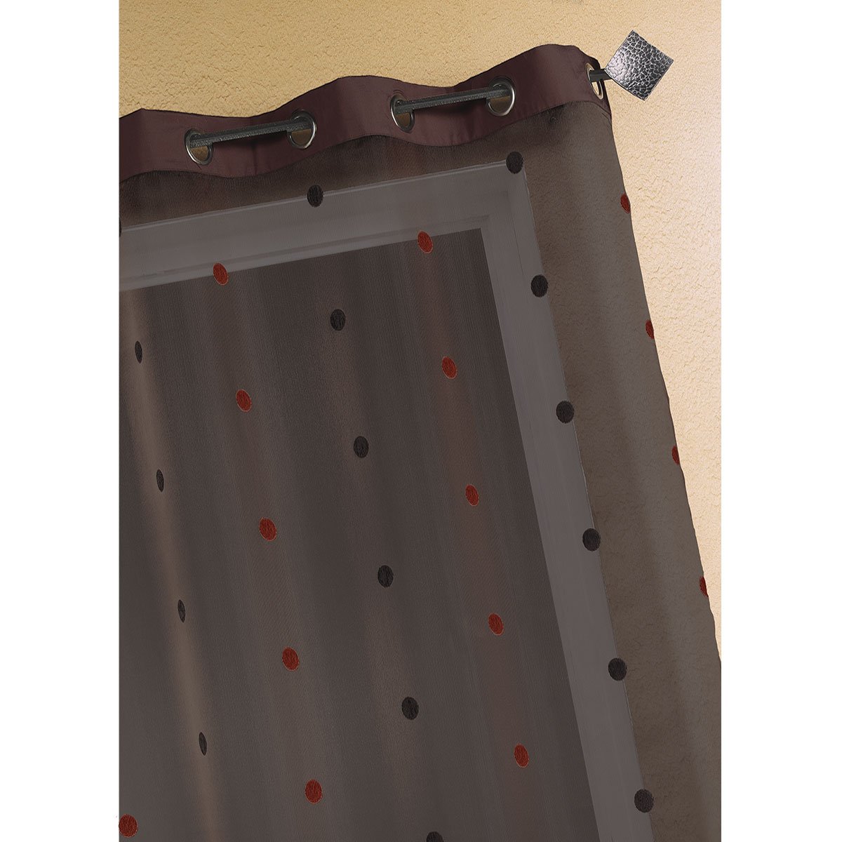 Voilage Organza Jacquard avec parement uni Taffetas marron chocolat, HOME MAISON