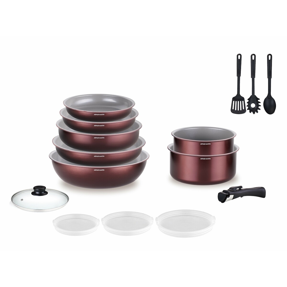 18-teiliges Kochgeschirr aus Aluminium granatrot, ARTHUR MARTIN