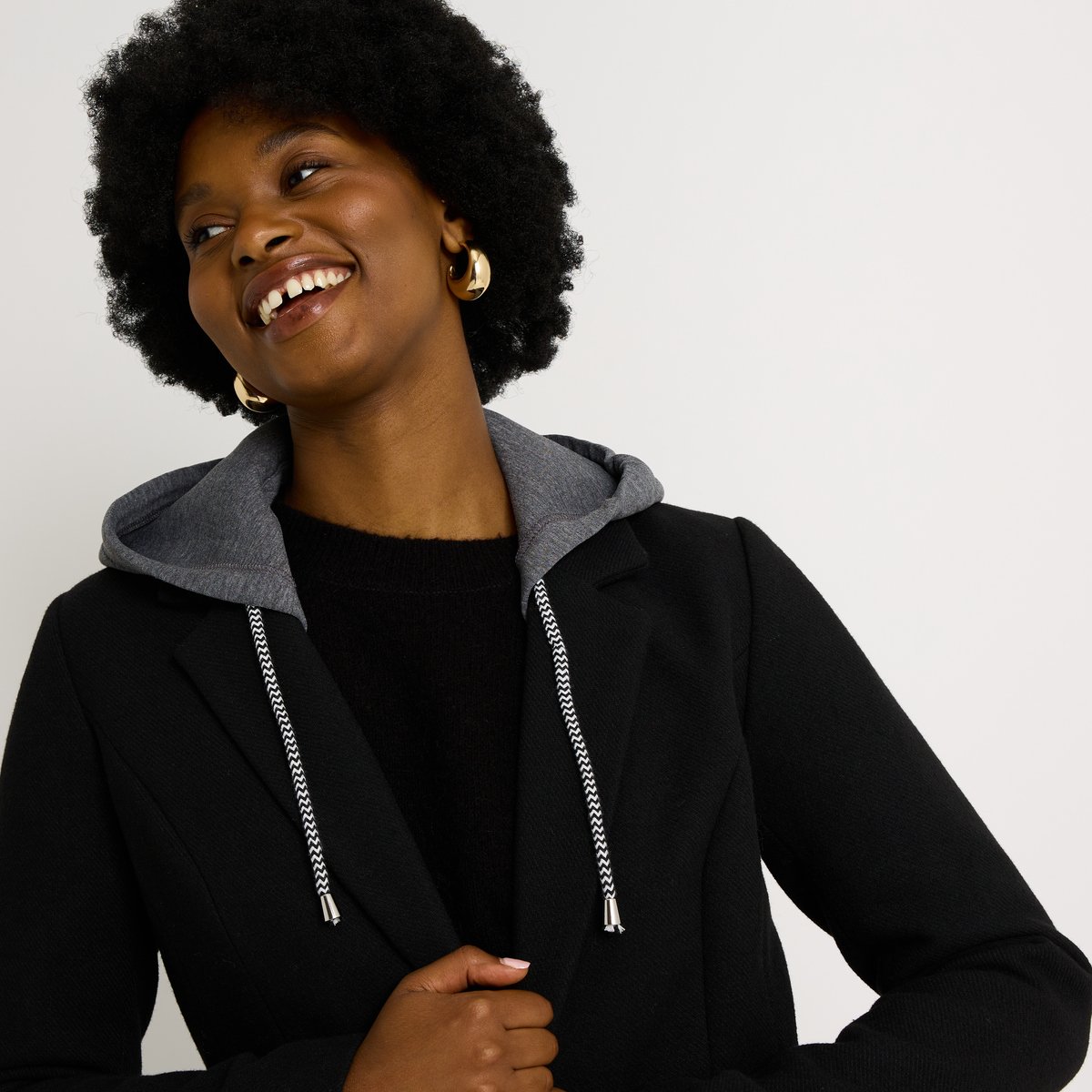 Manteau mi-long capuche amovible noir, GRAIN DE MALICE