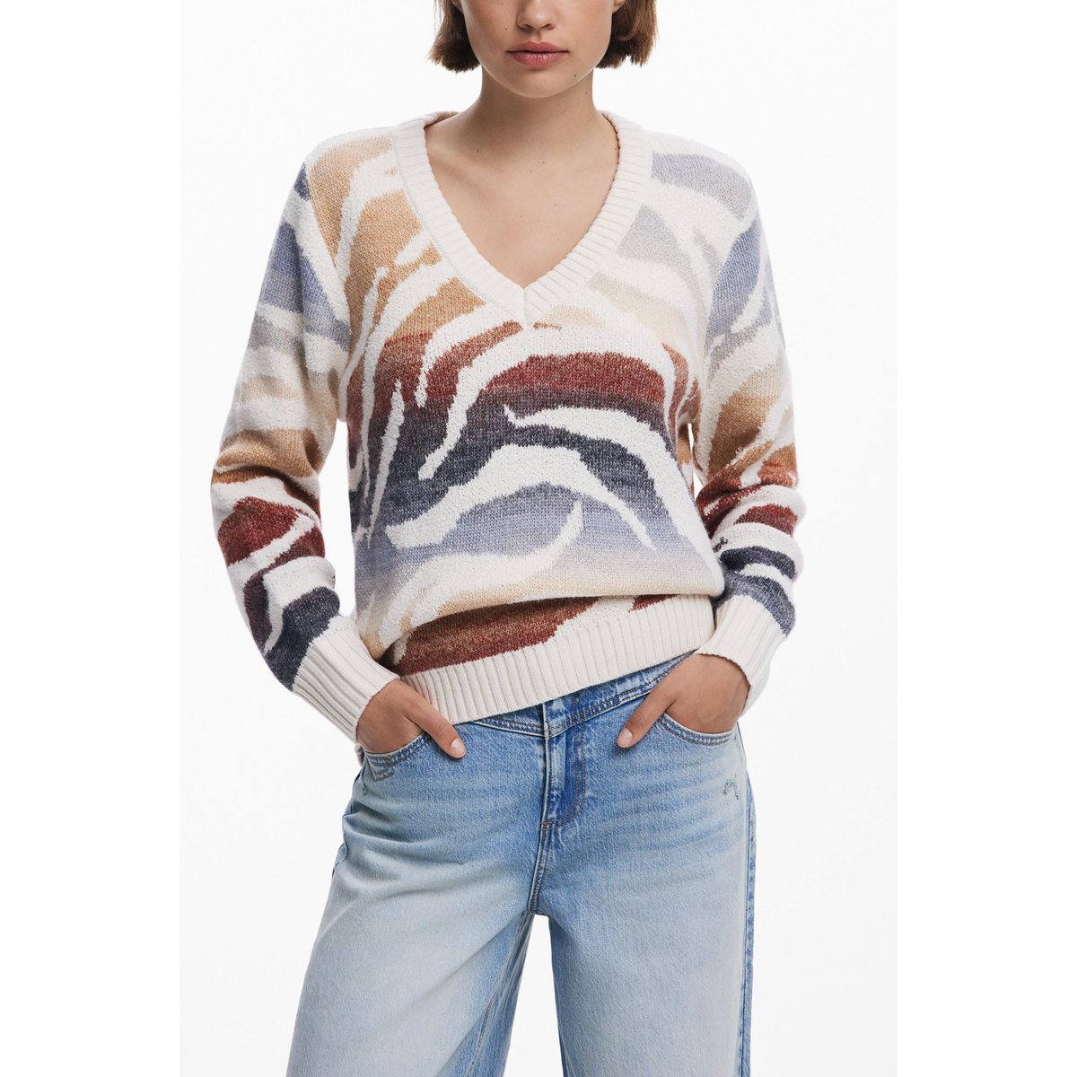Pull zébré col en V blanc, DESIGUAL
