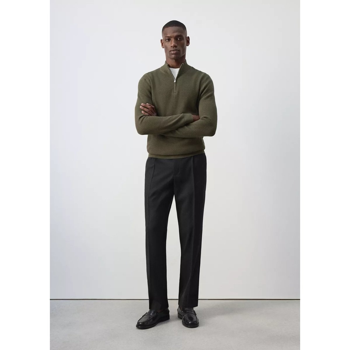 Pull-over maille fine fermeture Éclair olive, MANGO MAN