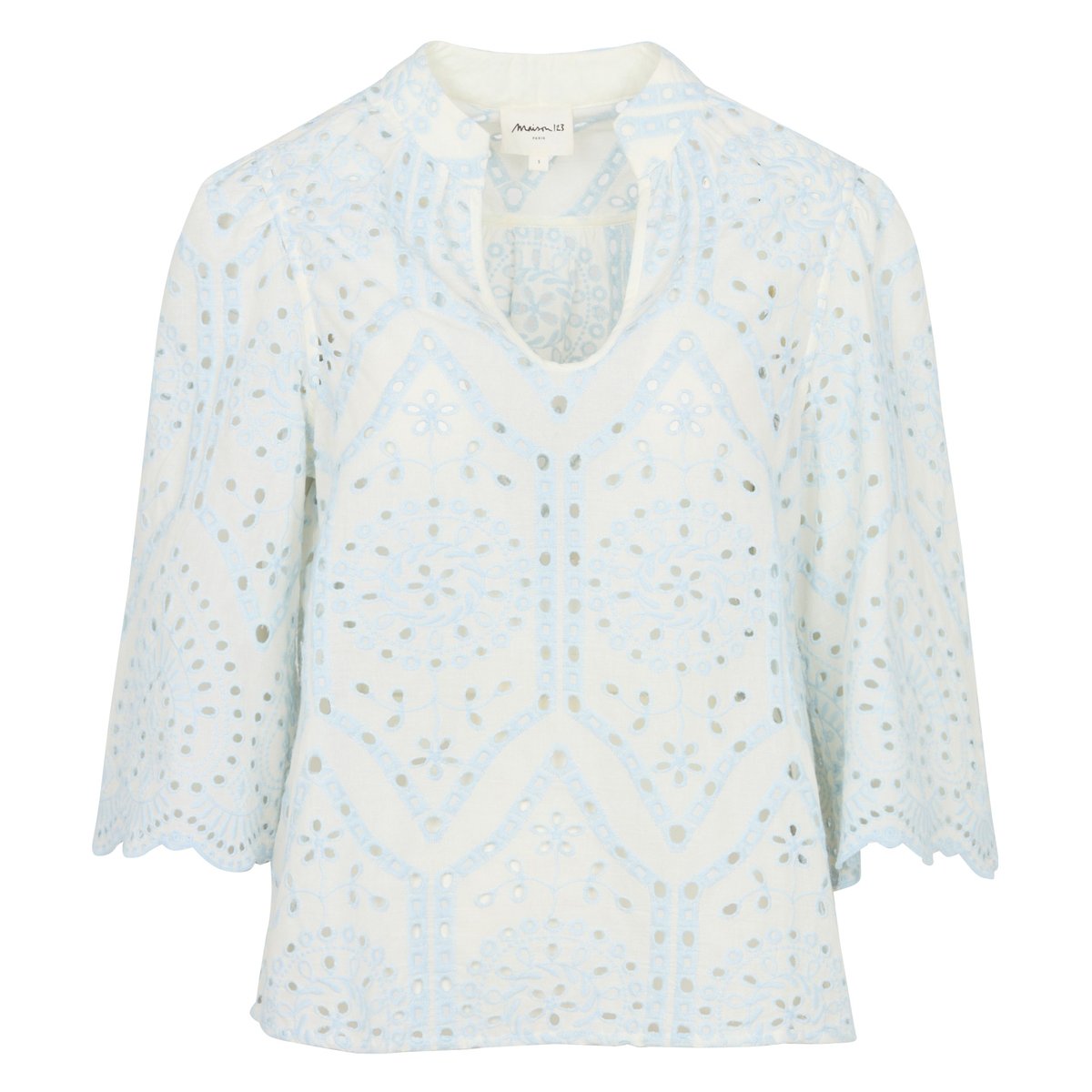 Blouse brodée à manches larges en coton DESILIA glacier, Maison 123