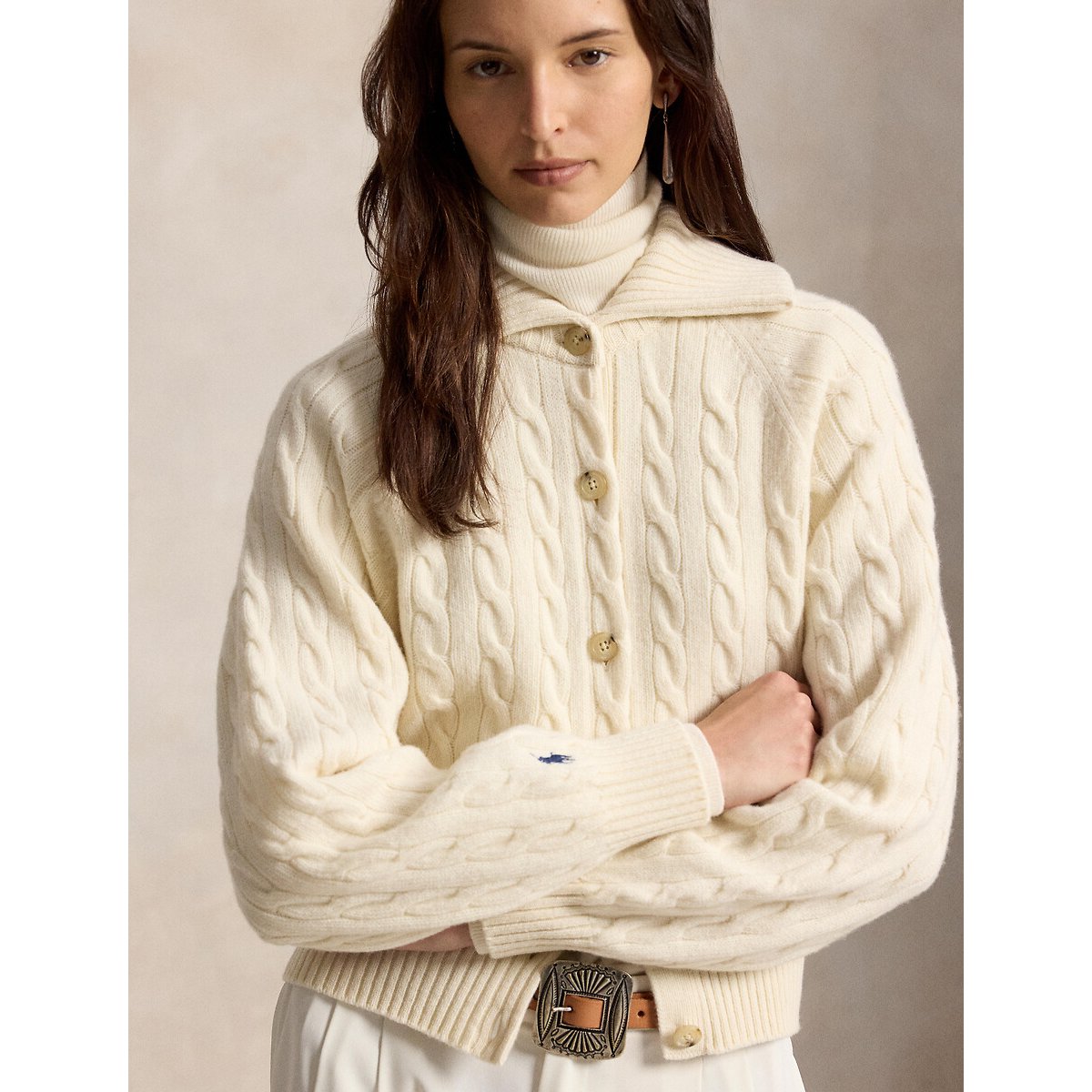 Cardigan à col polo torsadé en laine crème, POLO RALPH LAUREN