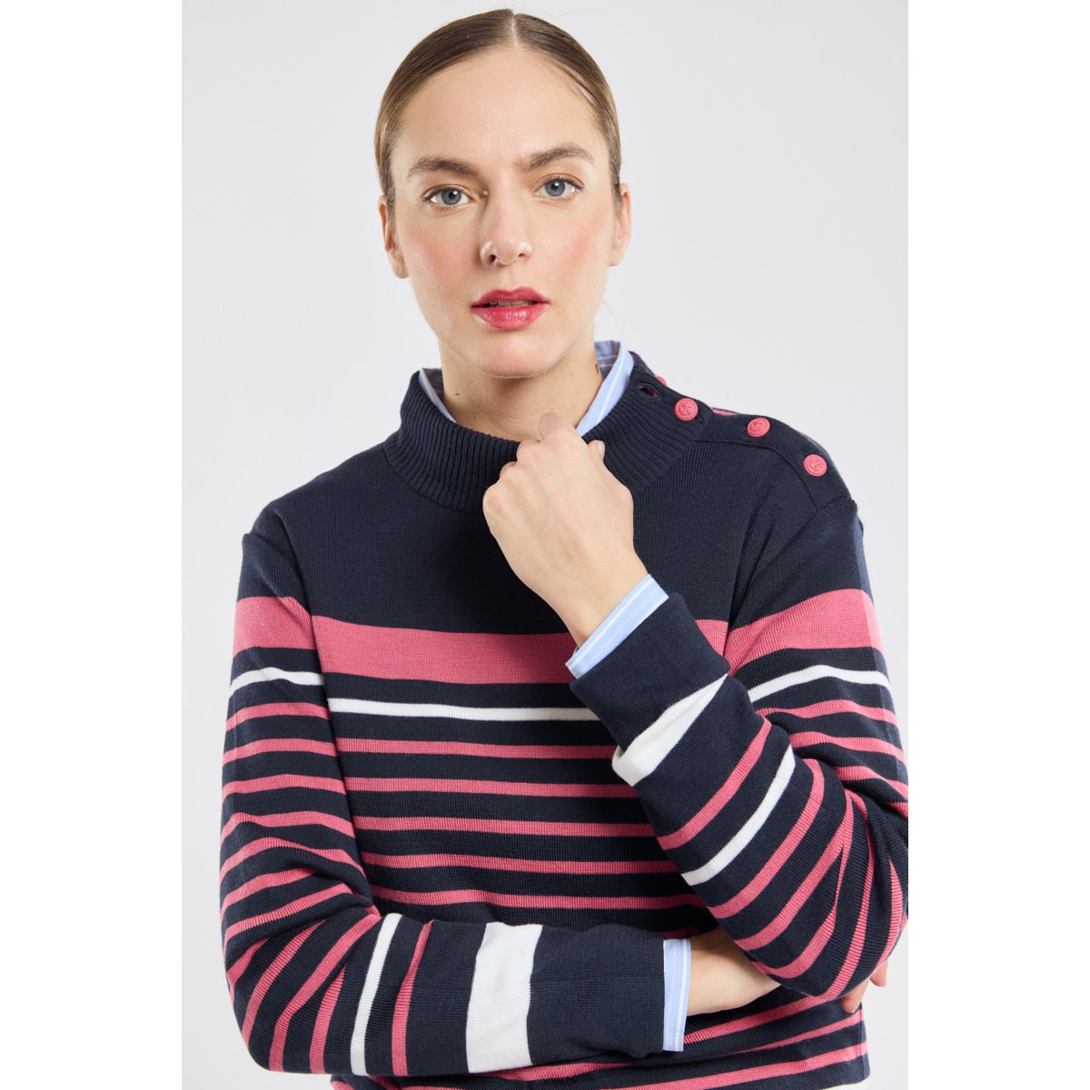 Pull marin en laine rich navy/framboise/nature, ARMOR-LUX