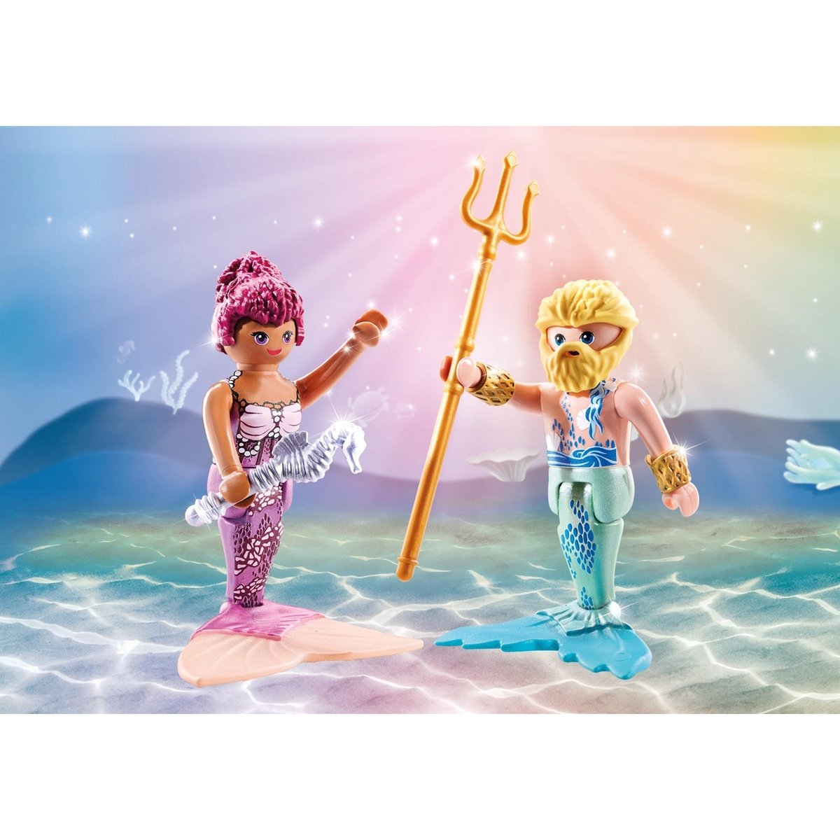 Duo : Couple de sirène et triton avec sceptre et trident multicolore, PLAYMOBIL