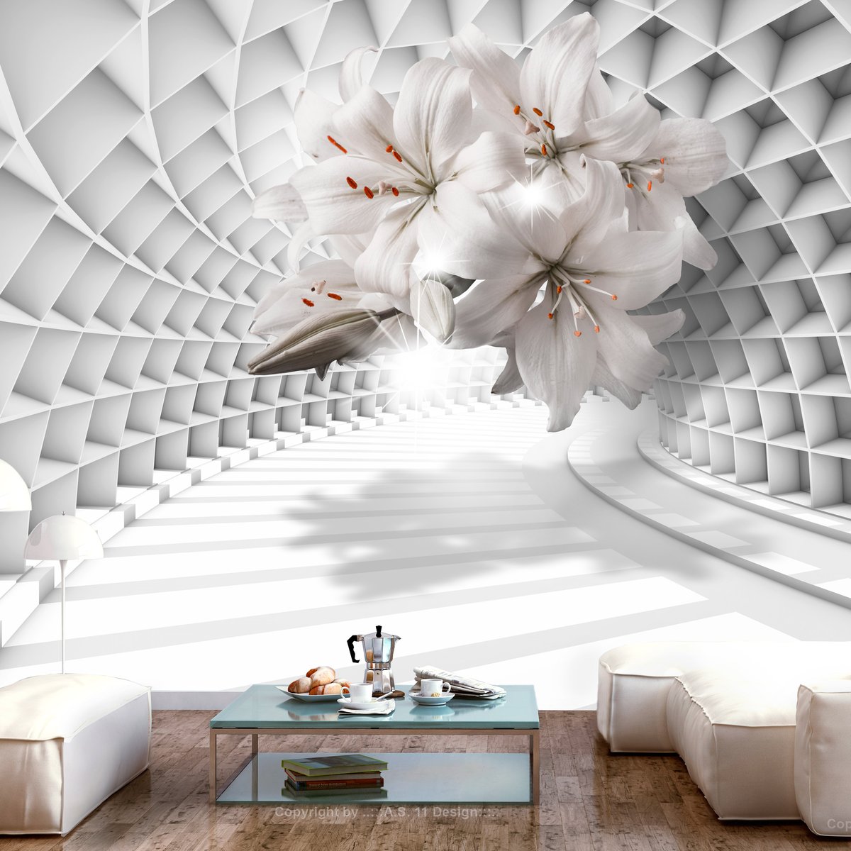 Papier peint intissé panoramique 3D et Perspective Flowers in the Tunnel blanc, EDEN