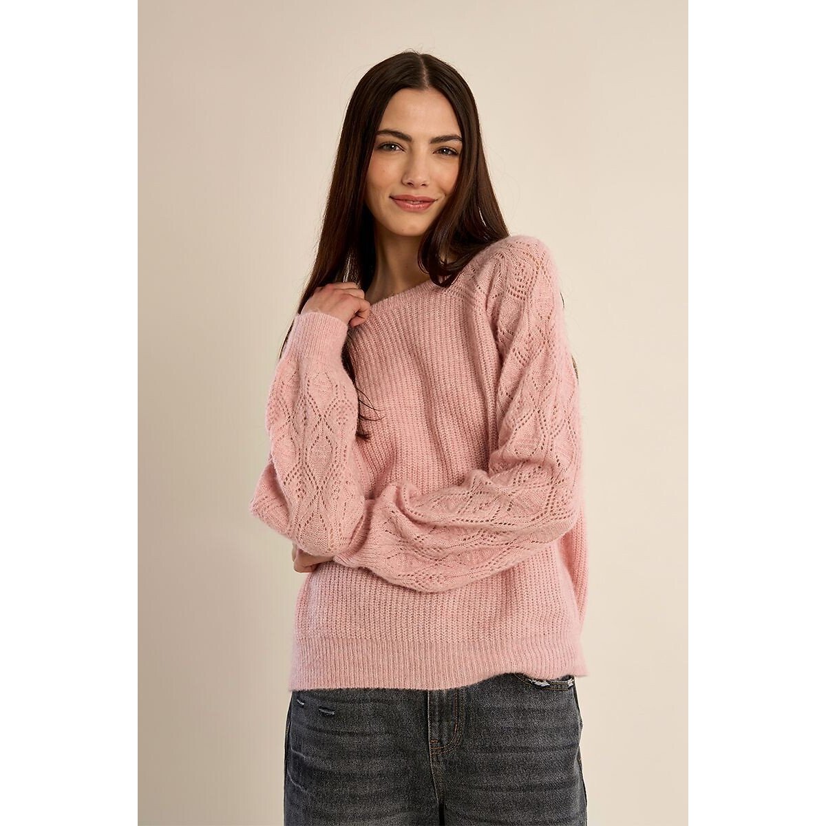 Pull col rond manches ajourées rose, MOLLY BRACKEN