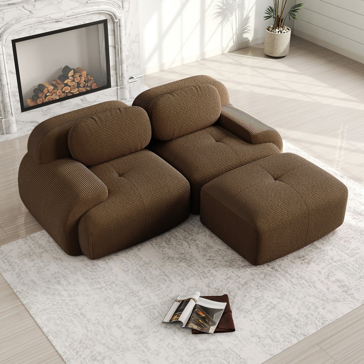 Canapé d'angle réversible 2 places avec pouf en velours côtelé, SNOW marron, MEUBLES COSY