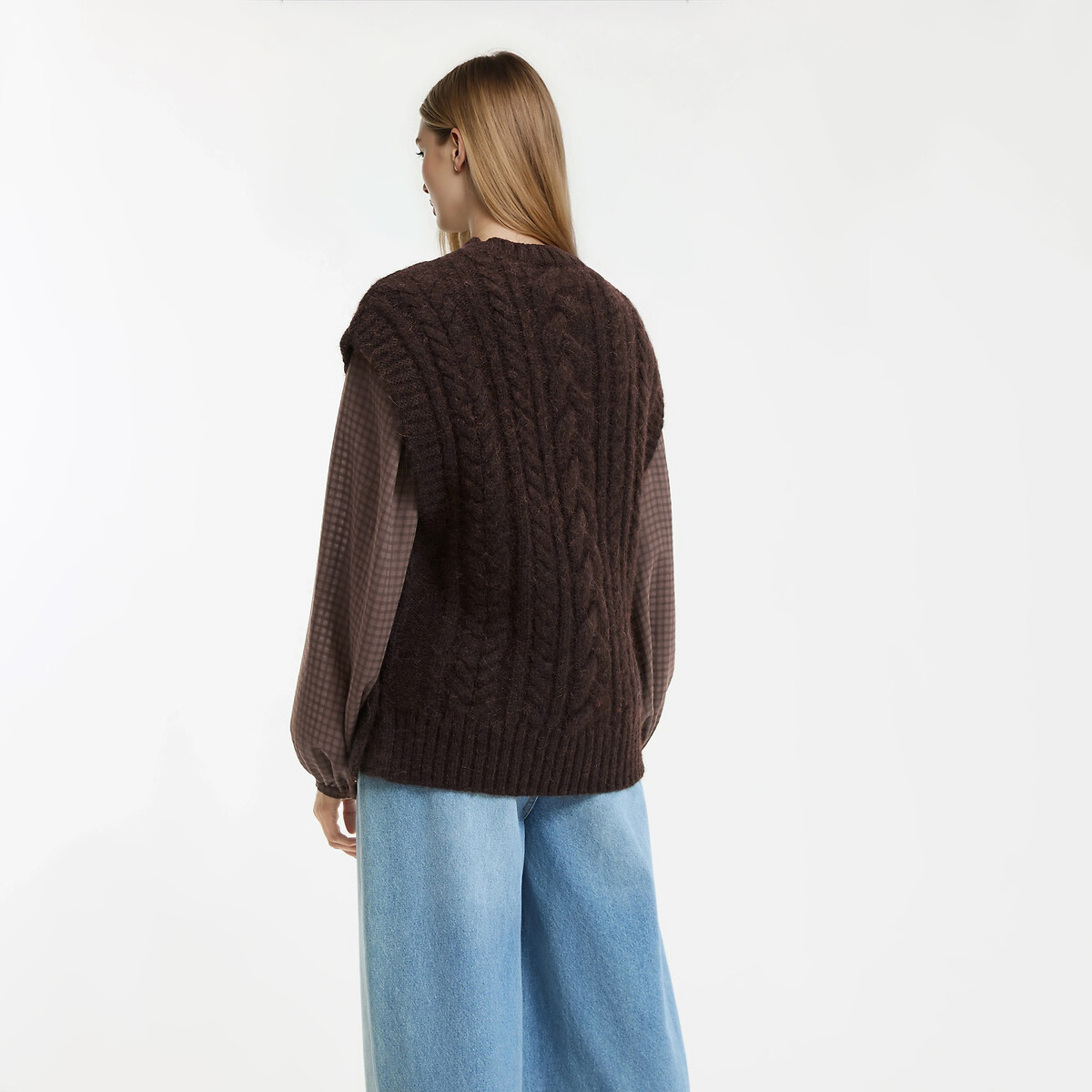 Sleeveless Crew Neck Jumper in Cable Knit brown, LA REDOUTE COLLECTIONS