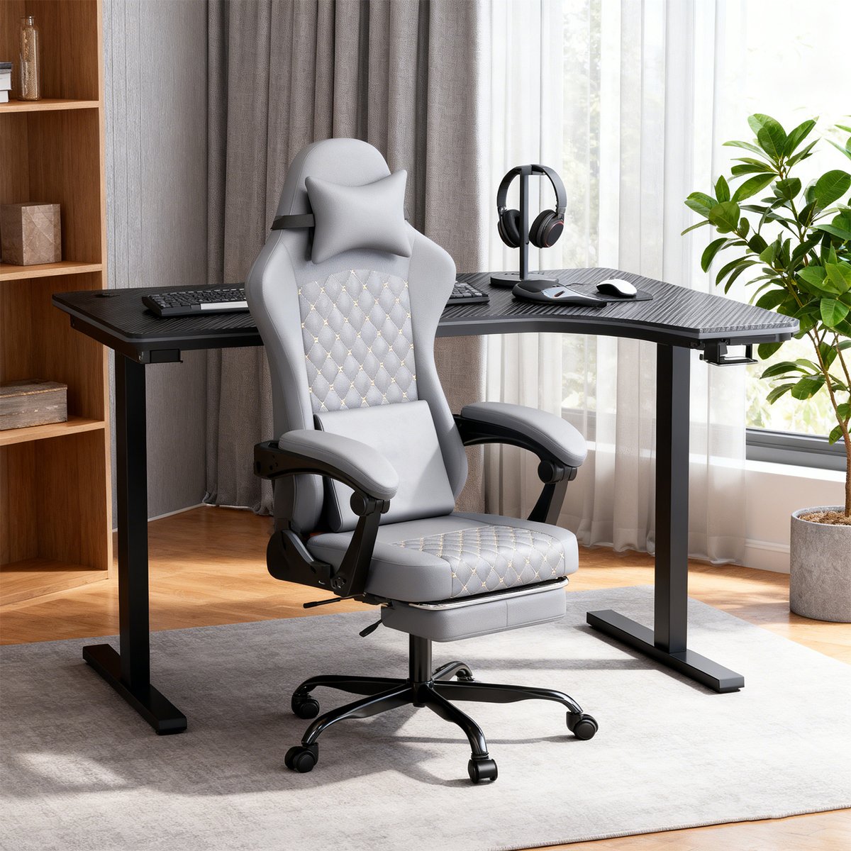 Chaise de bureau et jeu ergonomique avec repose-pieds escamotable et soutien lombaire, CURRIA gris, MEUBLES COSY