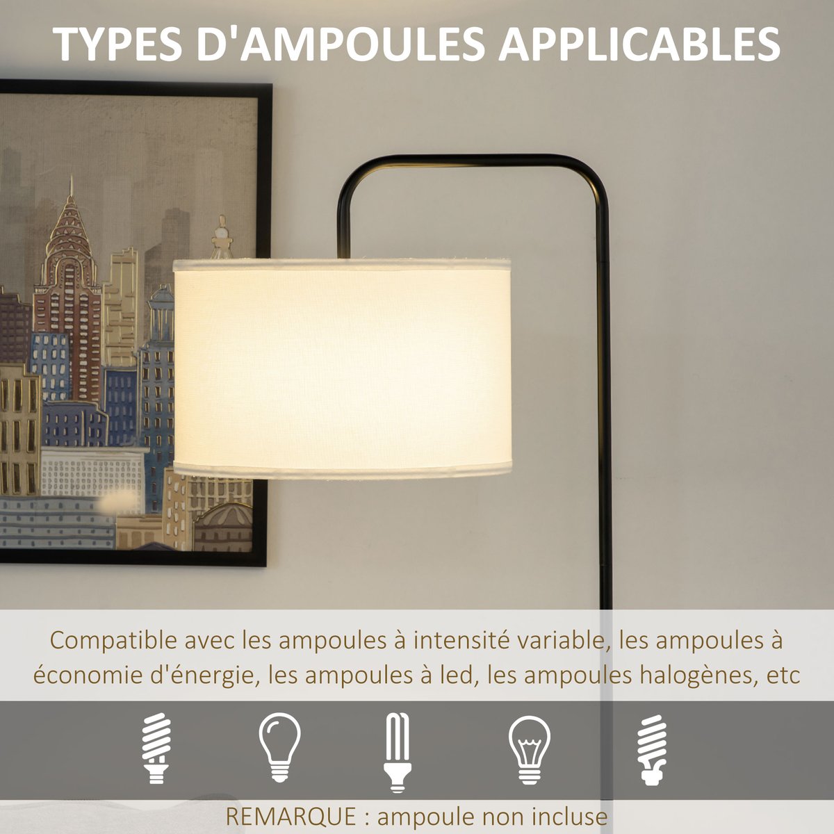 Lampadaire Acier Blanc noir, HOMCOM