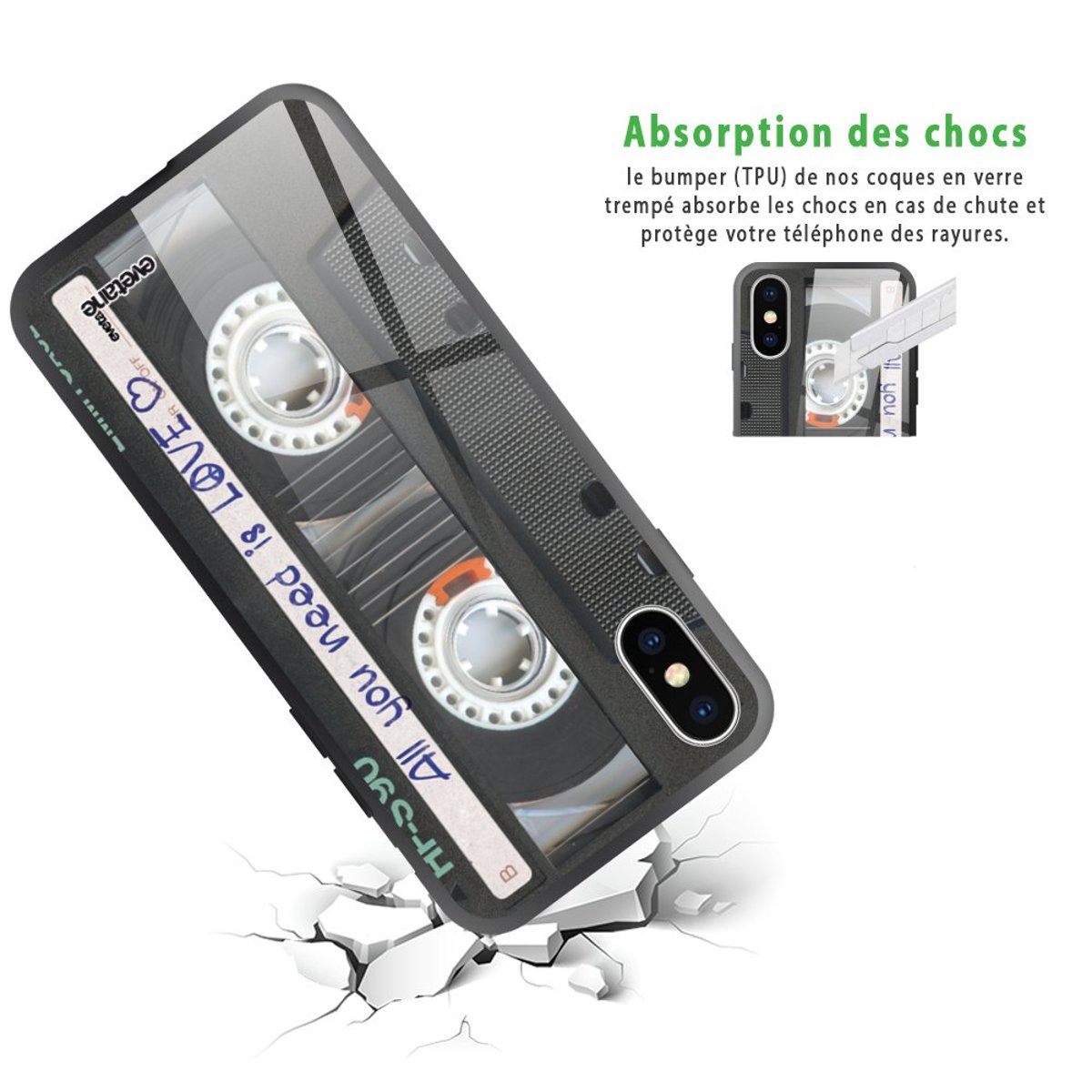 Coque en verre trempé iPhone Xs Max cassette, EVETANE