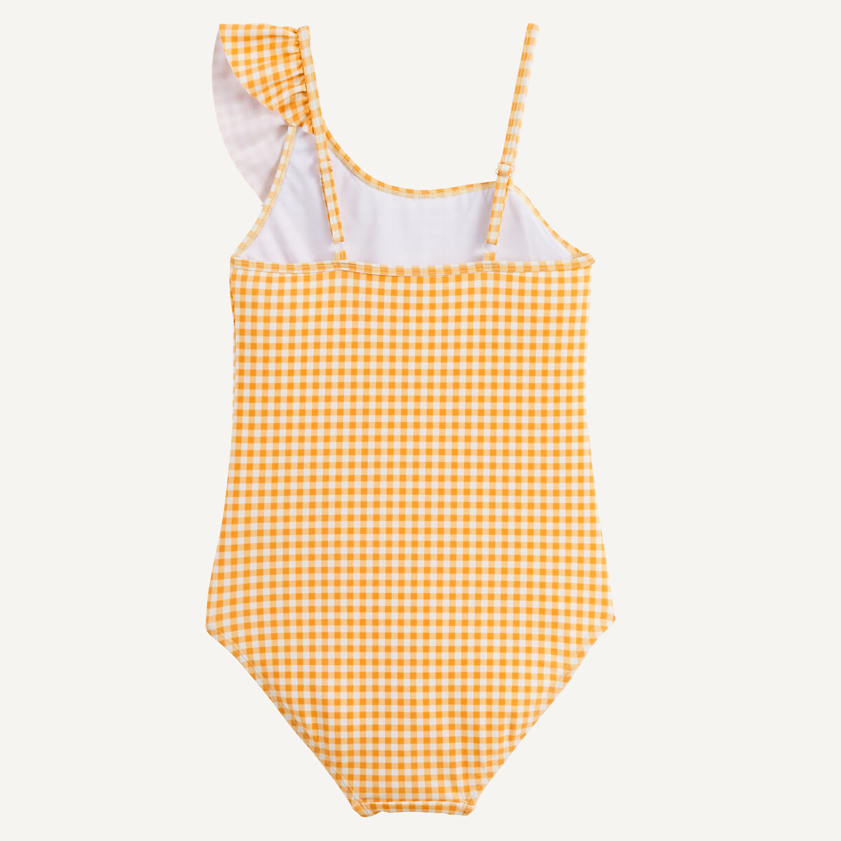 Maillot de bain 1 pièce, avec encolure asymétrique volantée, imprimé carreaux vichy jaune, LA REDOUTE COLLECTIONS