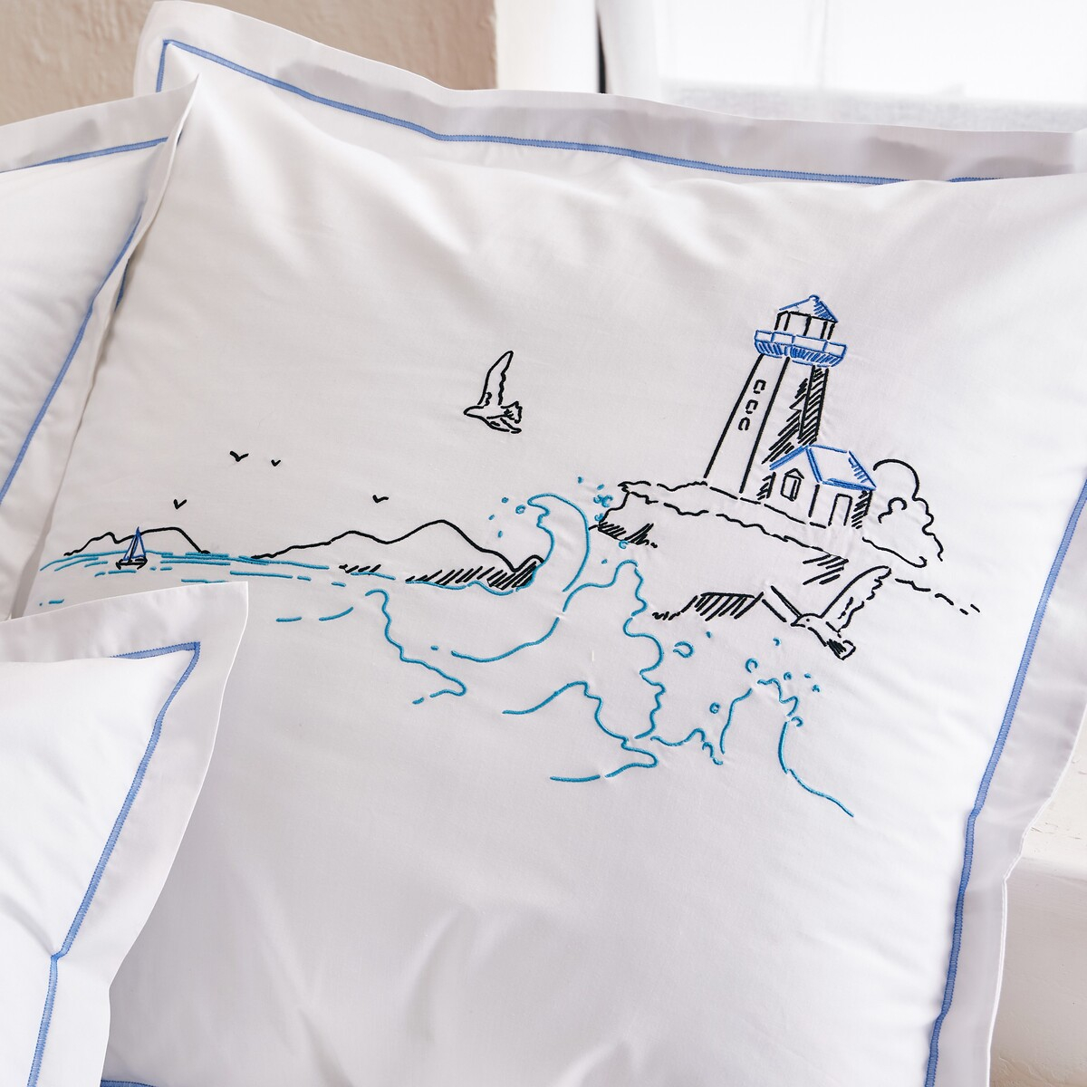 Taie D'oreiller   Percale De Coton Brodée - PHARE blanc, TRADITION DES VOSGES