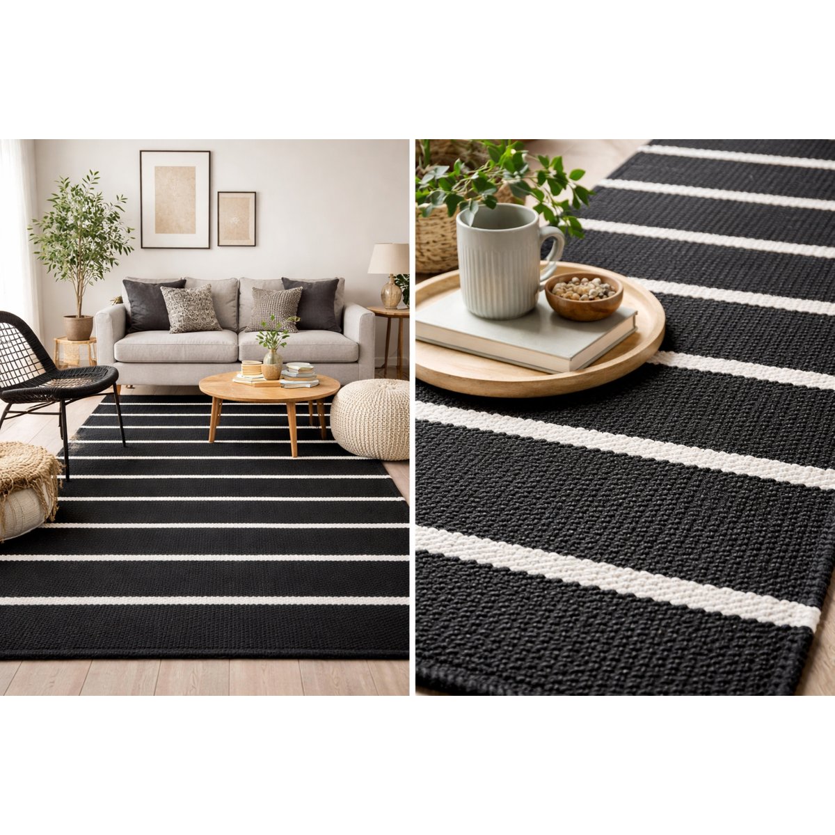 Tapis moderne en coton tissé plat PIRLO noir, NOVATREND