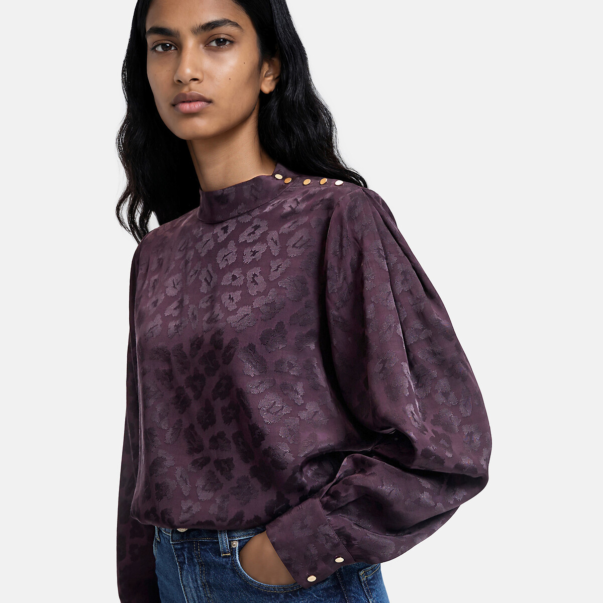 Blouse col montant, en satin jacquard motif léopard violet aubergine, LA REDOUTE COLLECTIONS