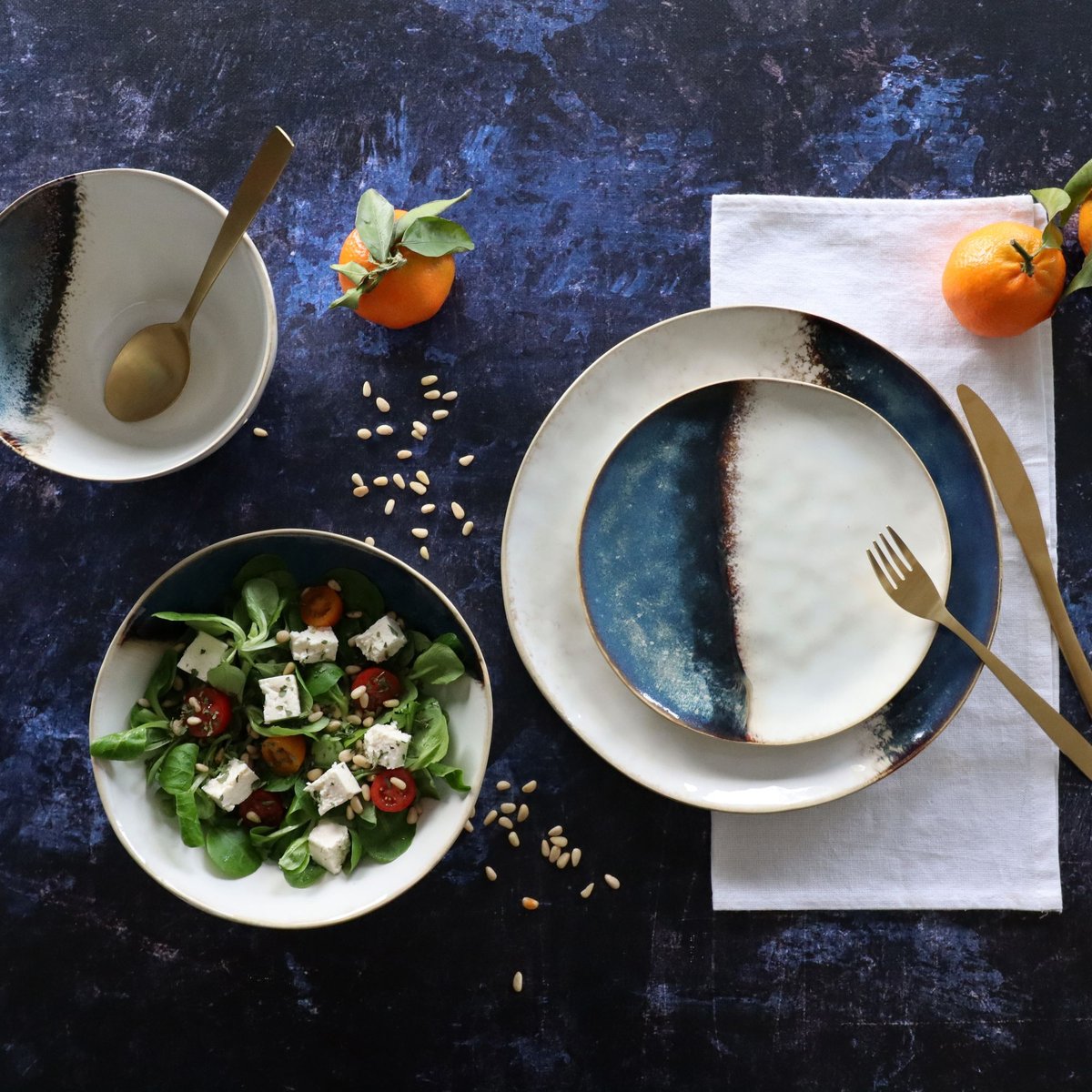 Lot de 6 assiettes à dessert en grès 20,5cm, KATANGA blanc-bleu, OGO LIVING