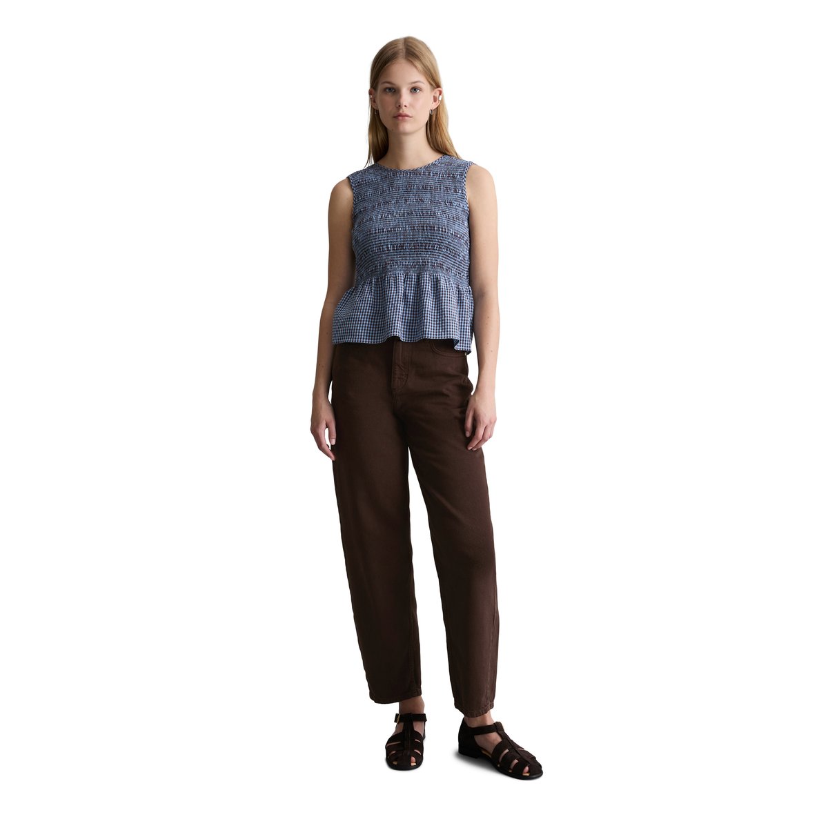 Top péplum en seersucker smocké slim en coton mélangé bleu clair, MARC O’POLO DENIM