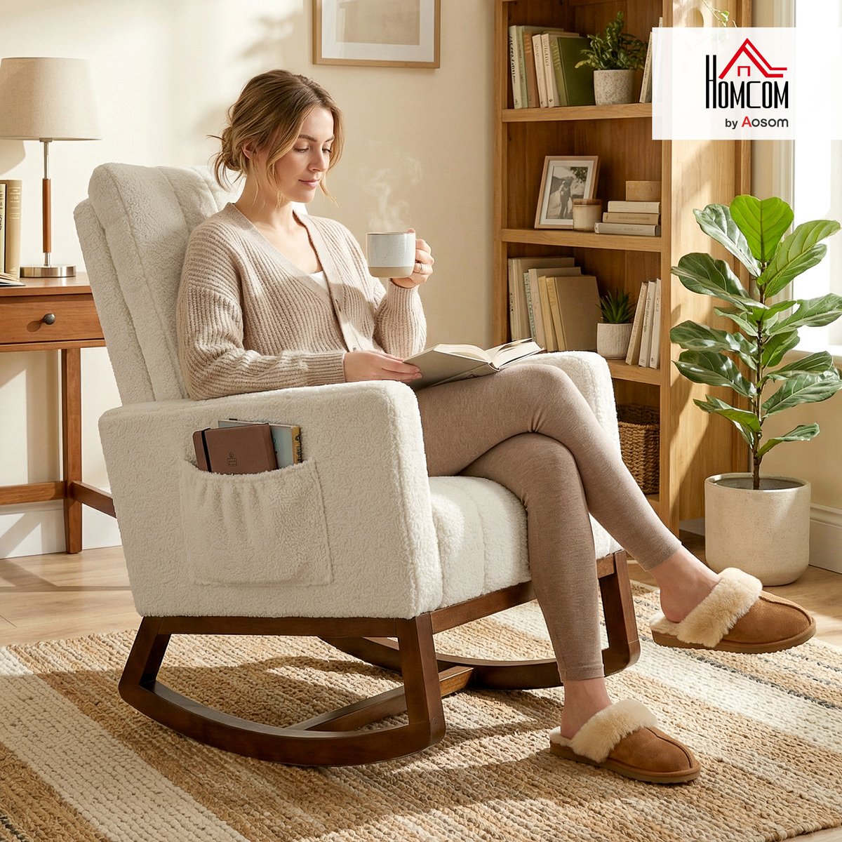 Fauteuil à bascule Flanelle Neige (100% crème, noyer, HOMCOM