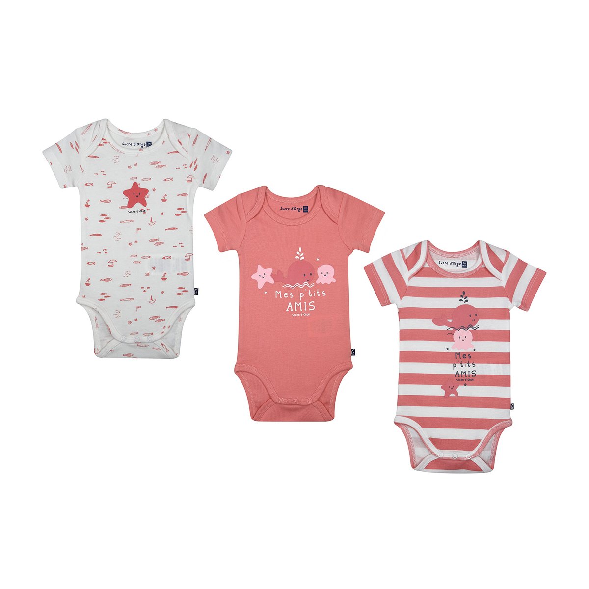 Lot de 3 bodies laurelia manches courtes bebe rose, SUCRE D'ORGE