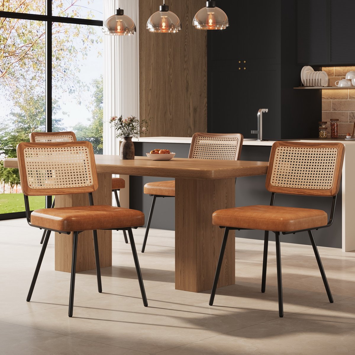 Lot de 4 chaises de salle à manger en simili cuir avec dossier en rotin PE style rétro moderne, KAROMIR marron, MEUBLES COSY