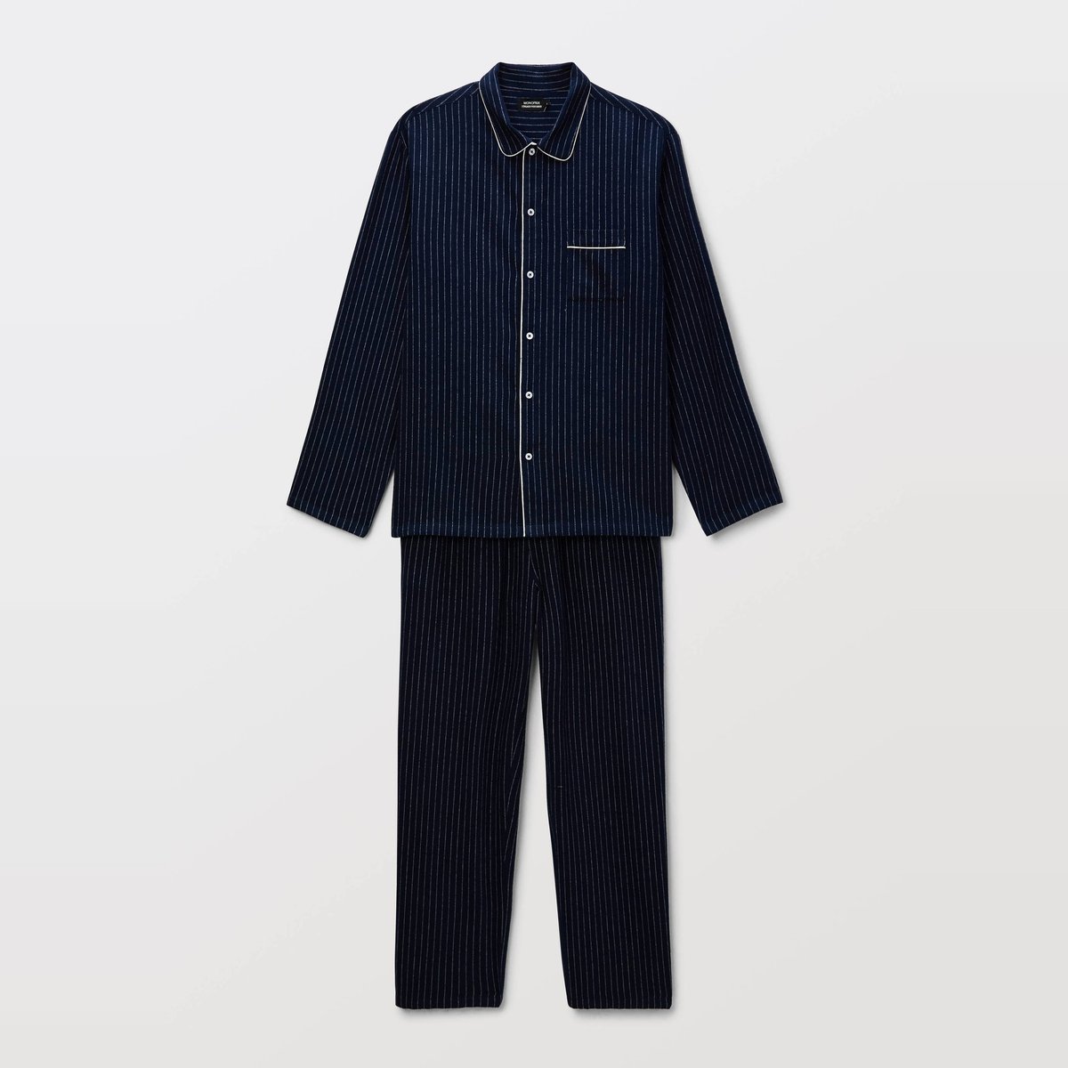 Pyjama chemise manches longues et pantalon gratté en coton GOTS à rayures marine, MONOPRIX