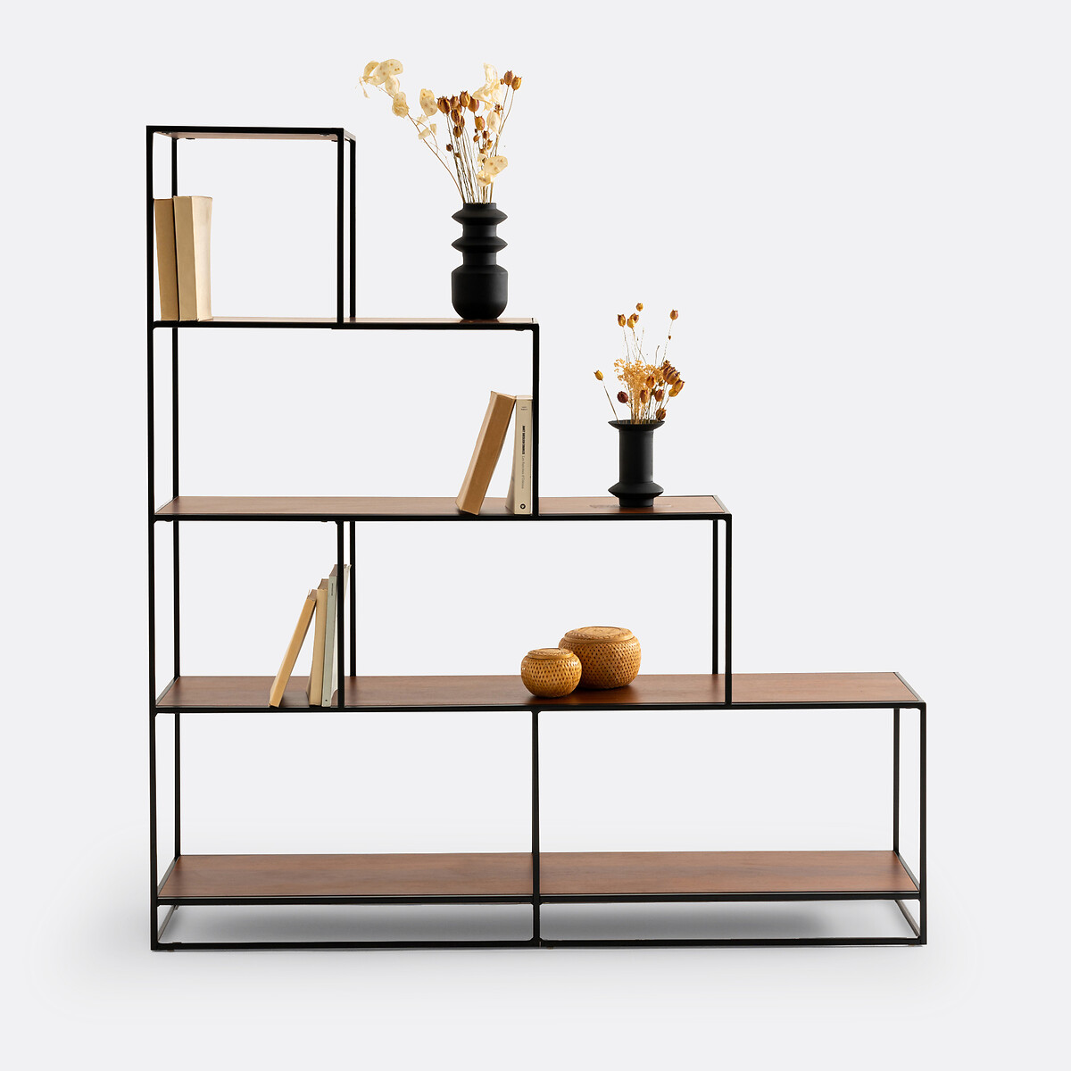 Watford Stepped Bookcase in Steel and Walnut Veneer black/walnut stain, LA REDOUTE INTERIEURS