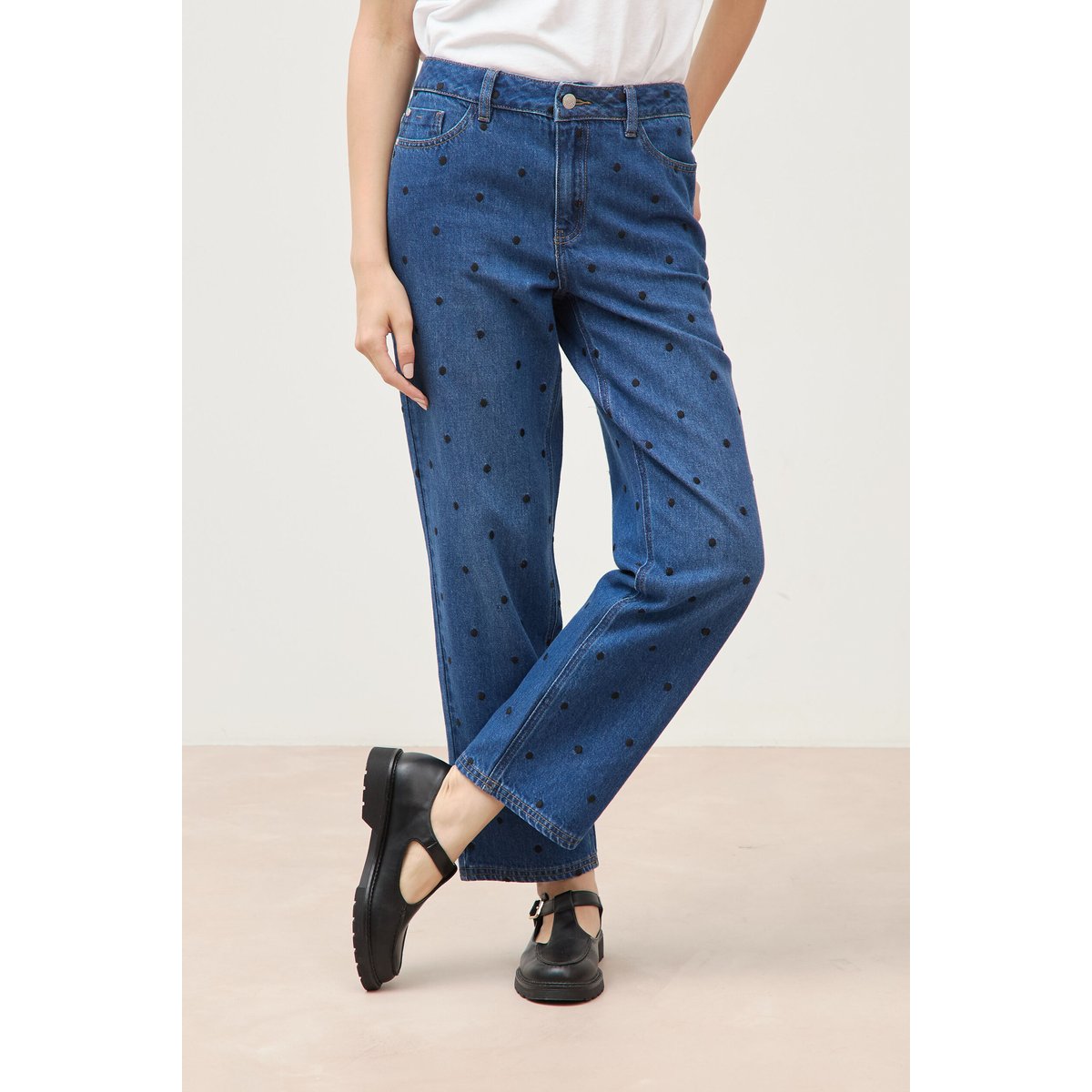 Jeans straight taille haute broderie bleu clair, BONOBO