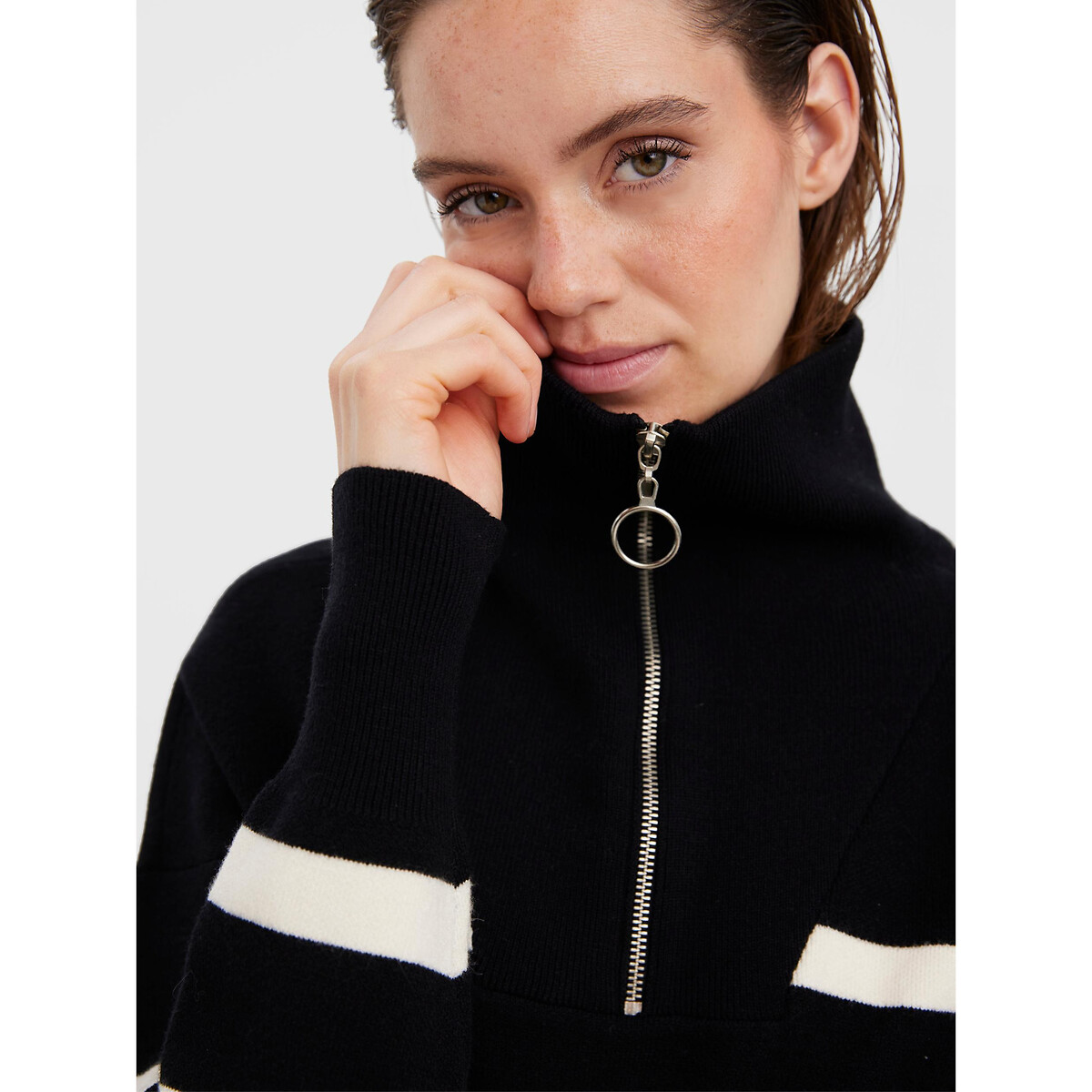 Maglione collo alto a righe nero, VERO MODA