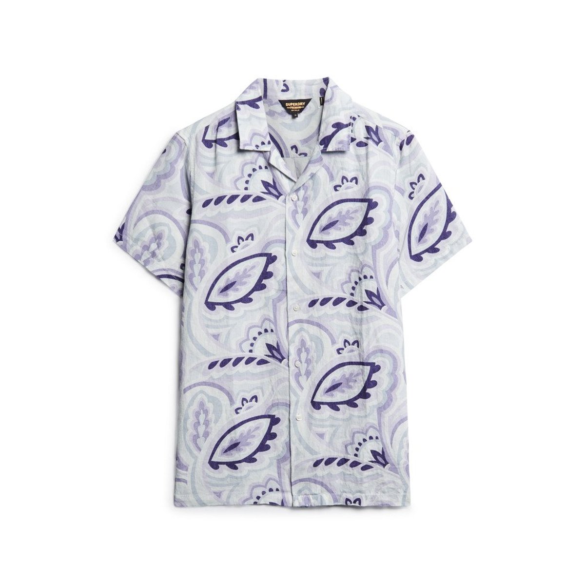 Chemise imprimée en lin à col ouvert imprimé gris laurier, SUPERDRY