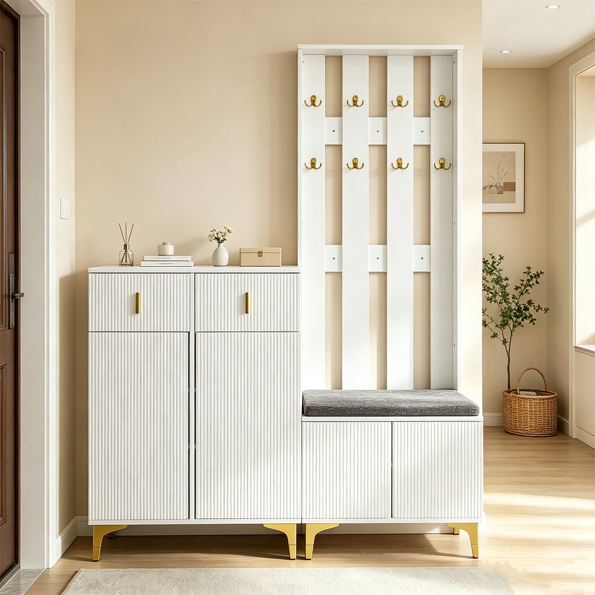 Vestiaire d'entrée avec banc et rangement, PORTER-L blanc, MEUBLES COSY