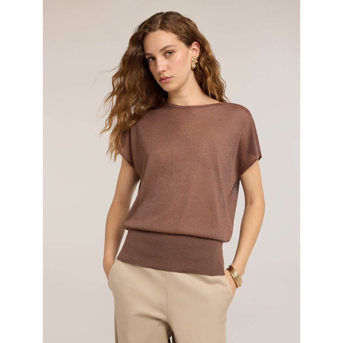 Pull en fil fin mélangé viscose et fil textile marron, MOTIVI