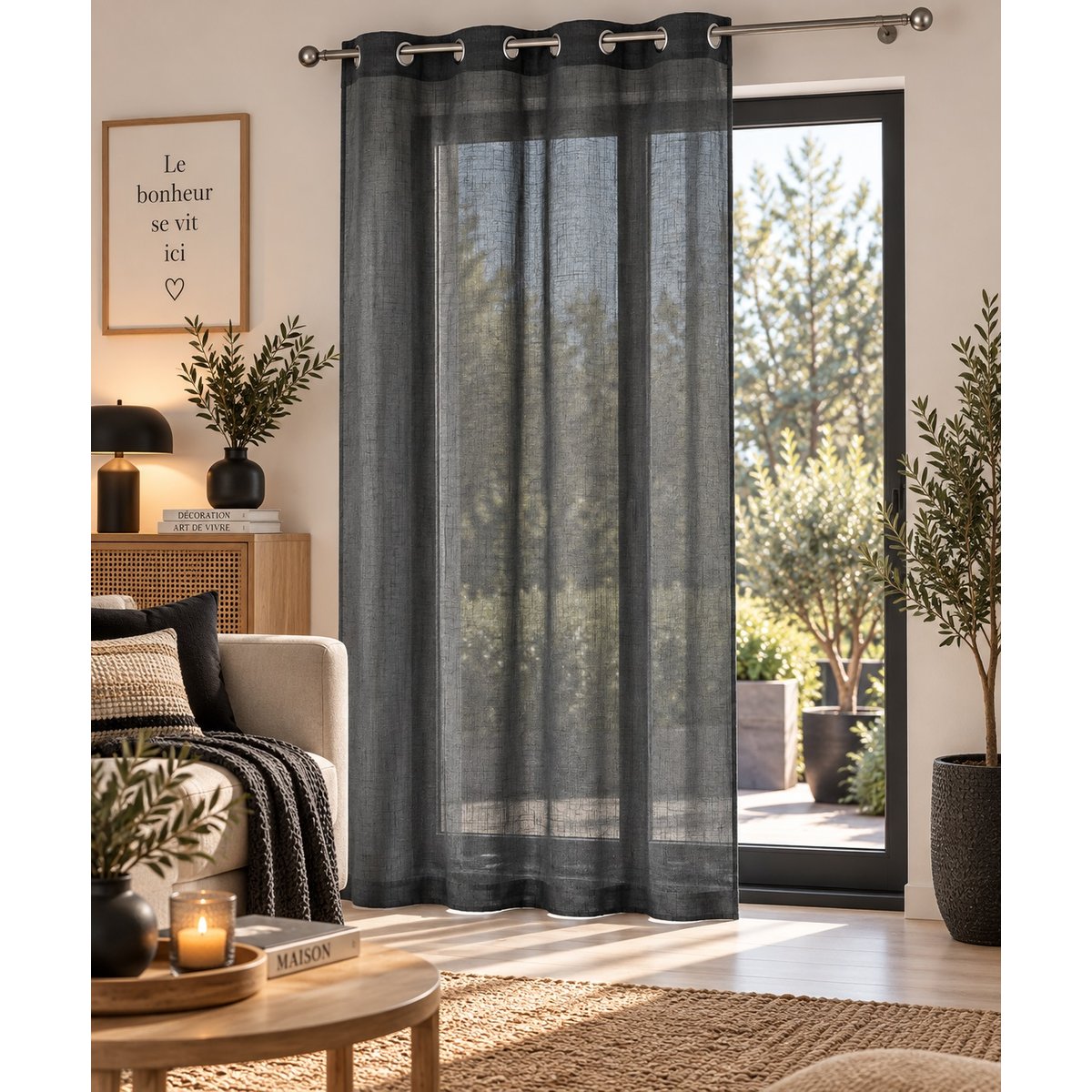 Rideau Voile effet lin Zazy anthracite, EDEN