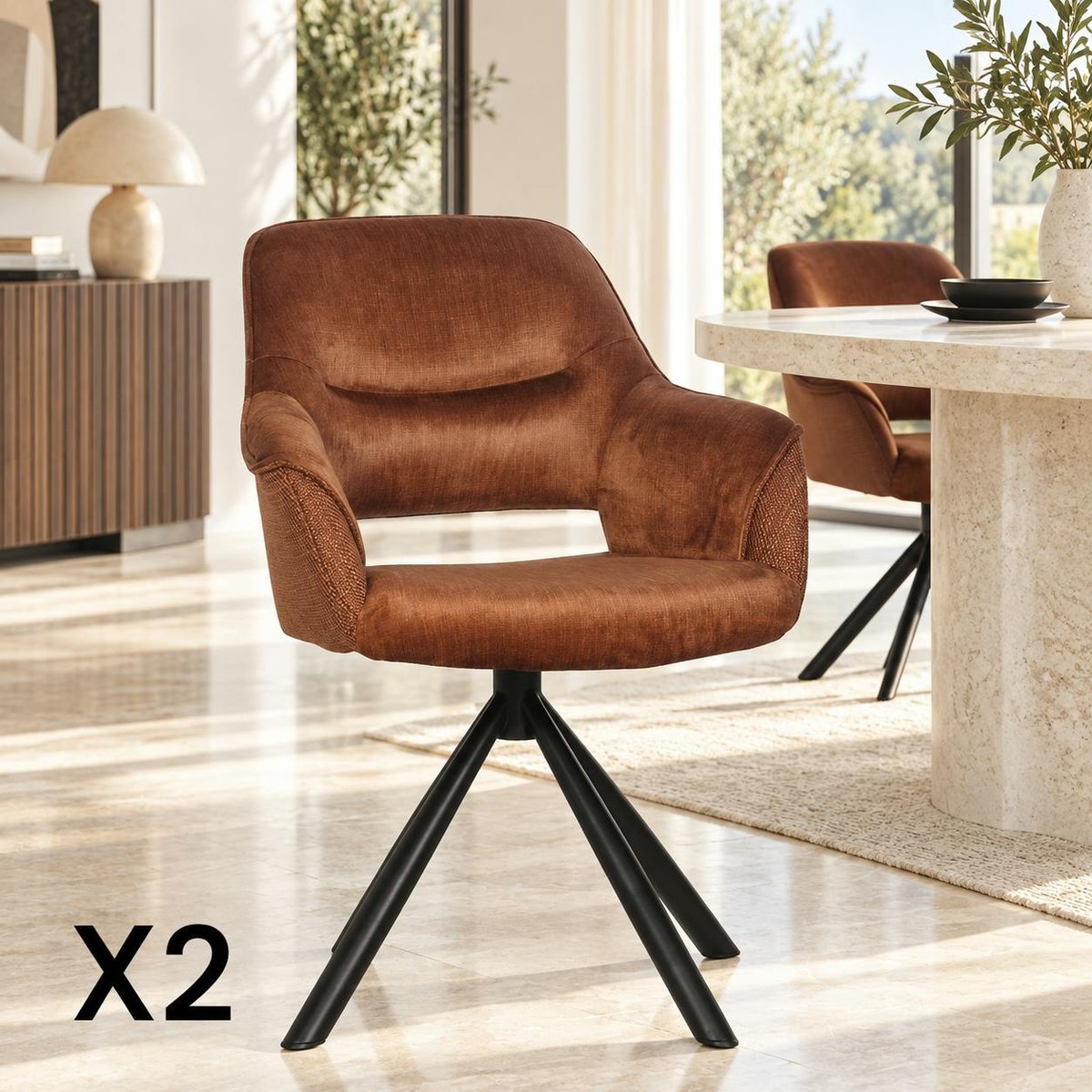 Fauteuil de table pivotant en tissu (lot de 2) IENA cuivre, PIER IMPORT