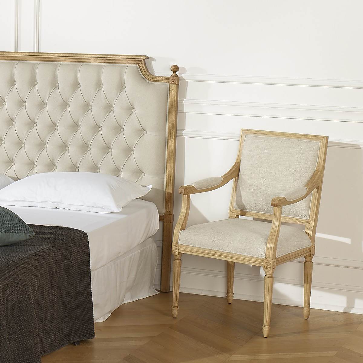 Tête de lit 160 cm style shabby chic en chêne et lin VENICE ficelle, ROBIN DES BOIS