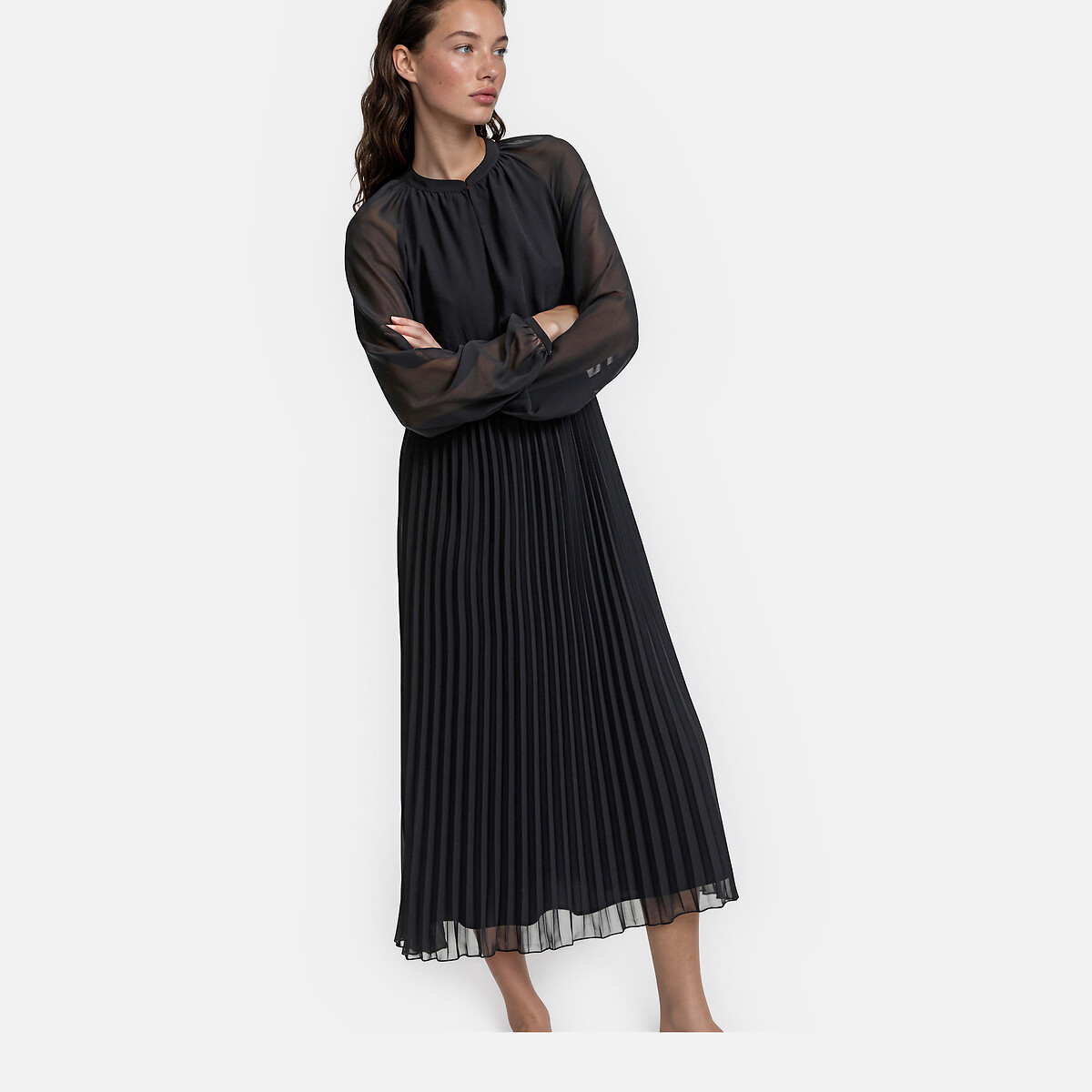 Robe longue plissée à manches longues et col rond noir, LA REDOUTE COLLECTIONS