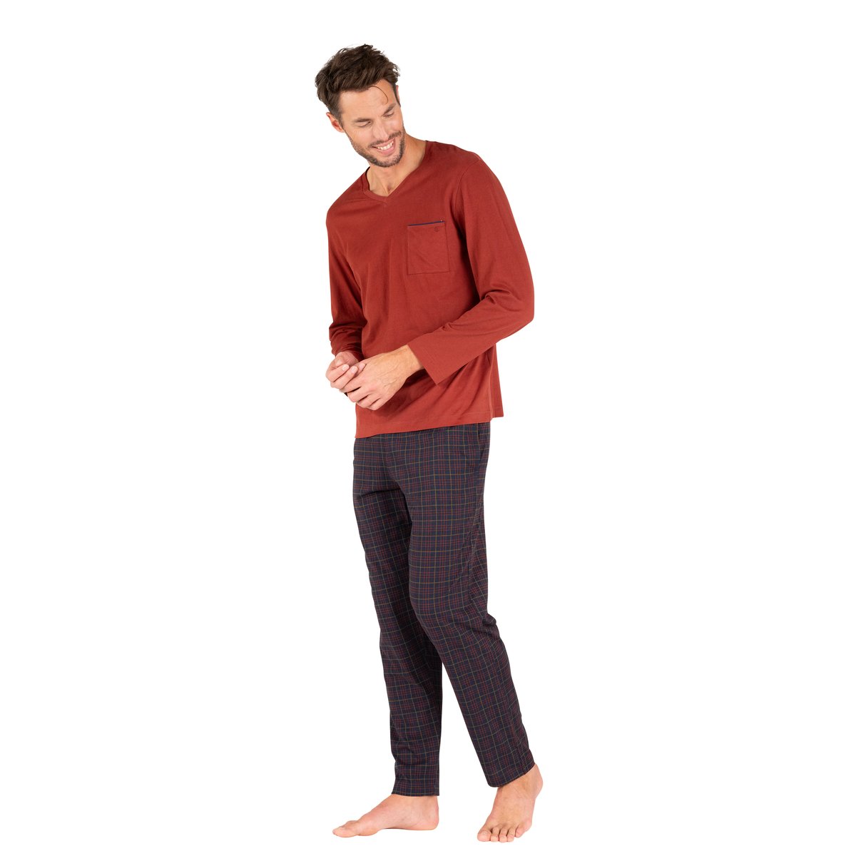 Pyjama long col V L'ECOSSAIS rouille-marine, EMINENCE