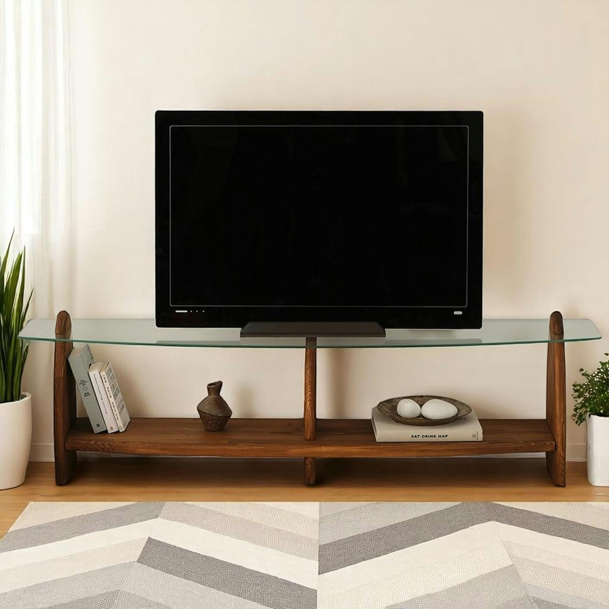 Meuble TV bois et verre - 2 niches ANZIO verre transparent, PIER IMPORT