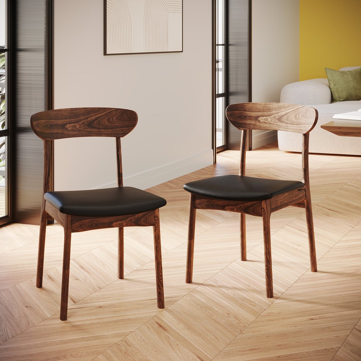 Lot de 2 chaises en cuir synthétique - LANA noir et bois foncé, MAISON PAVANE