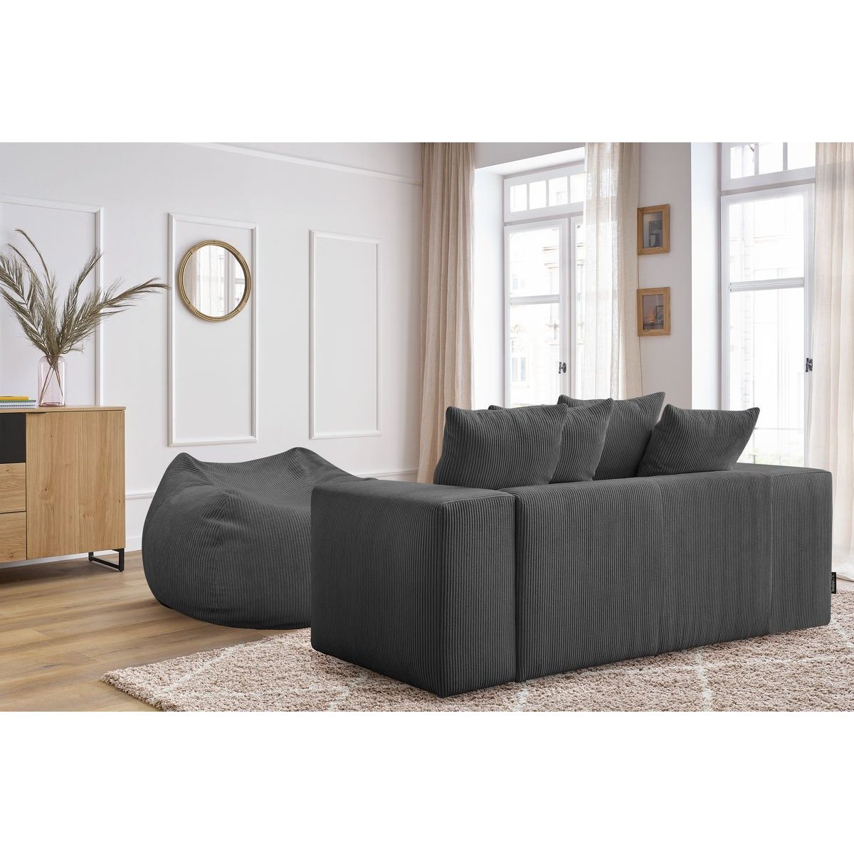 Canapé droit fixe 2 places en velours côtelé avec pouf, VOLTAIRE gris foncé, BOBOCHIC