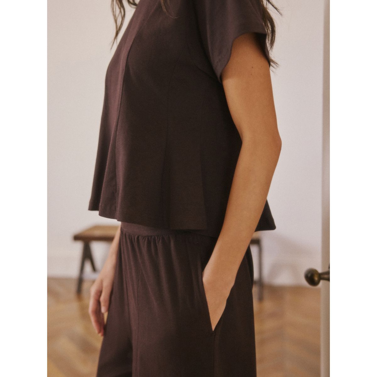 Pyjama manches courtes avec taille cintrée marron chocolat, NEXT