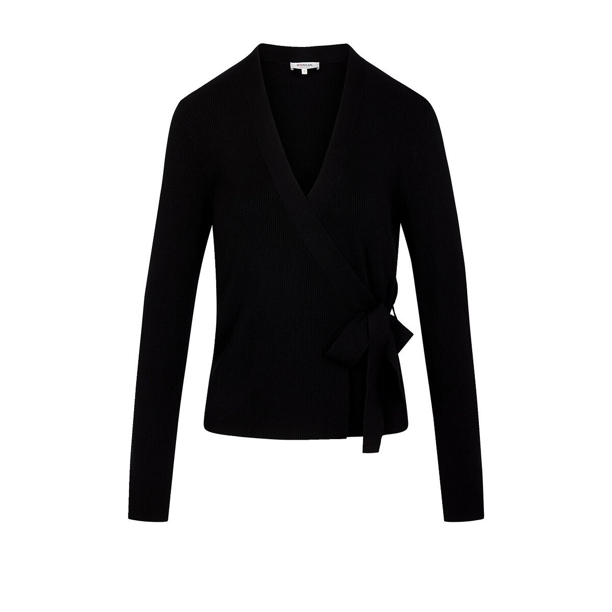 Jersey de punto fino con cuello de diseño cruzado negro, MORGAN