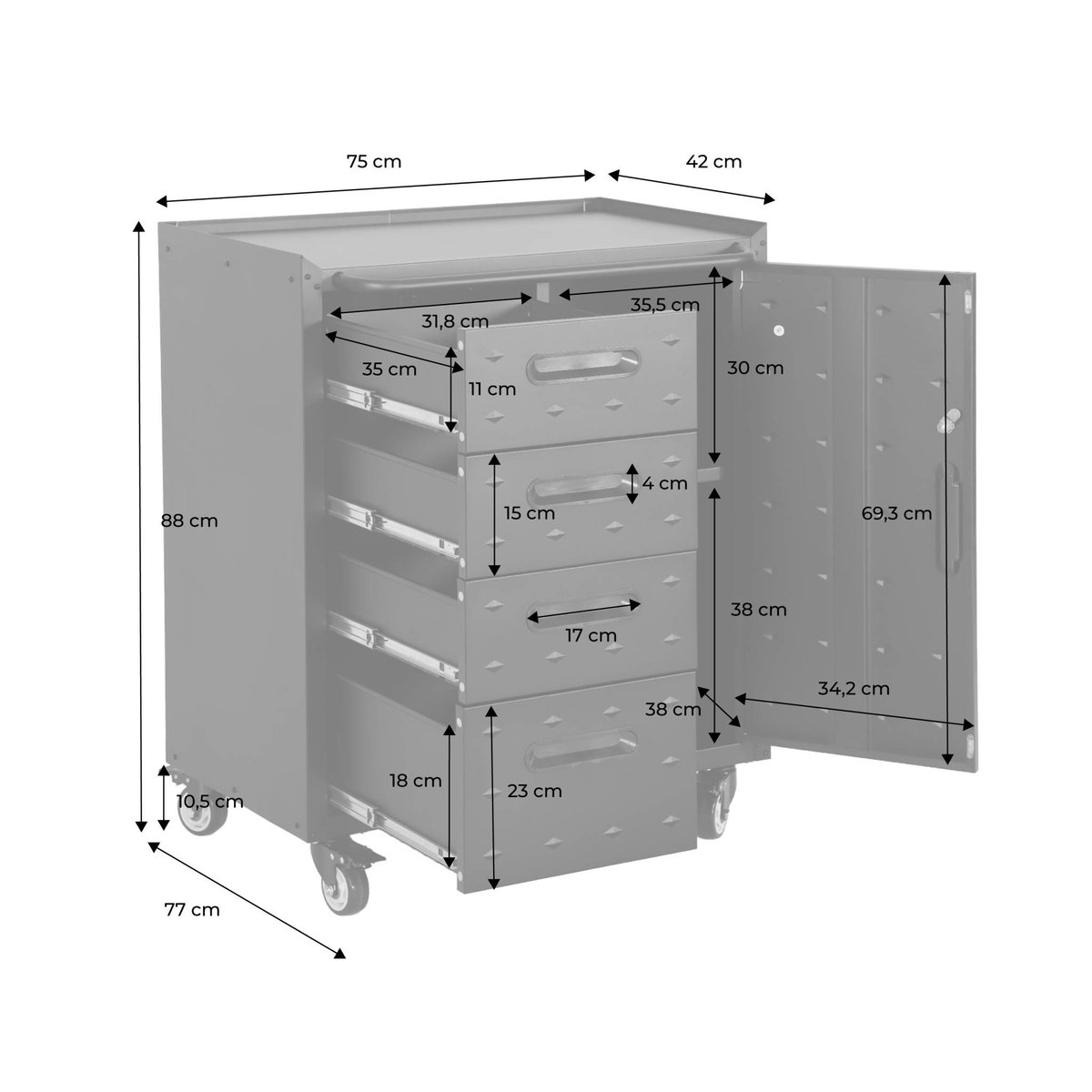 Meuble bas de rangement pour garage avec 4 tiroirs et une porte BOBBY noir, SWEEEK