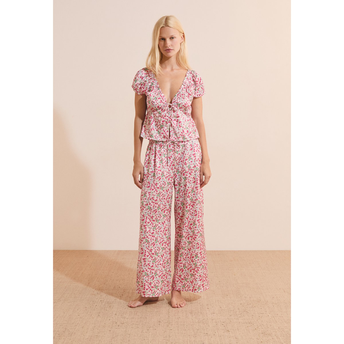 Top manches courtes à motifs satiné FEUILLINE imp fond rose, ETAM