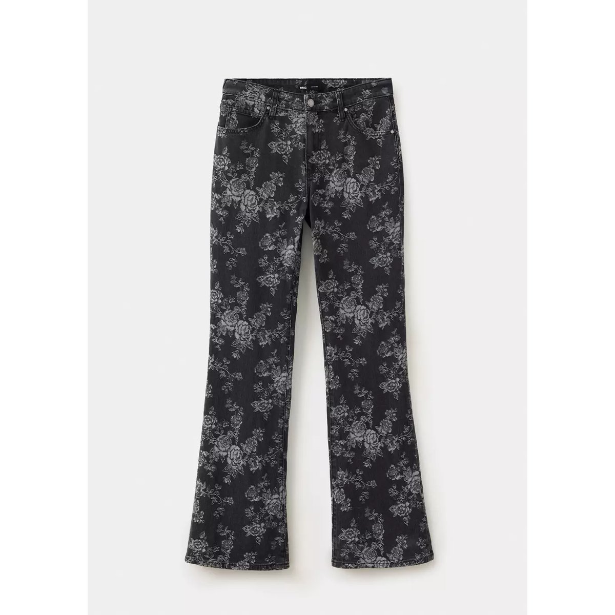 Jean flare imprimé à fleurs gris denim, MANGO